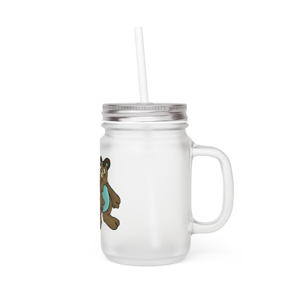 A personalized Beachu Mason Jar made of frosted glass, featuring a straw and lid, perfect for drinks.