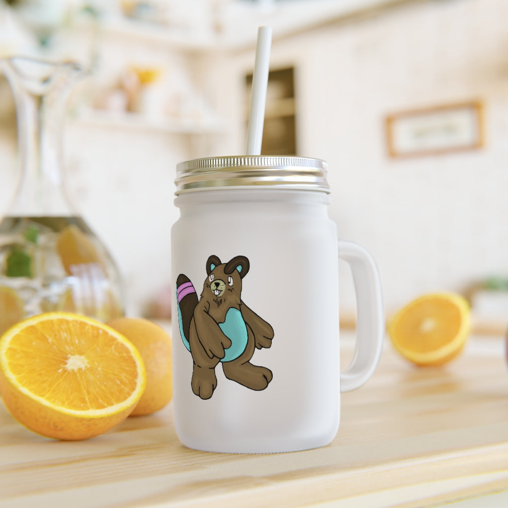 A personalized Beachu Mason Jar made of frosted glass, featuring a straw and lid, perfect for drinks.