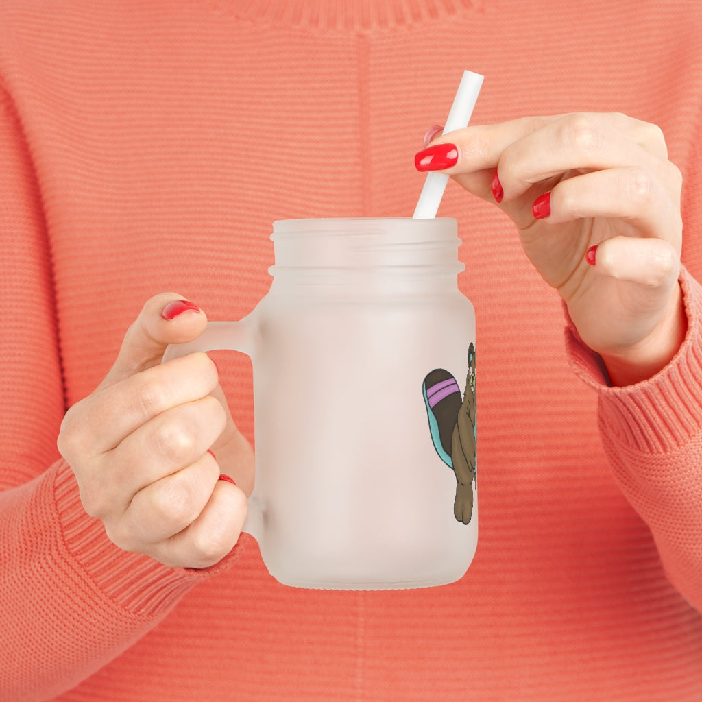 A personalized Beachu Mason Jar made of frosted glass, featuring a straw and lid, perfect for drinks.