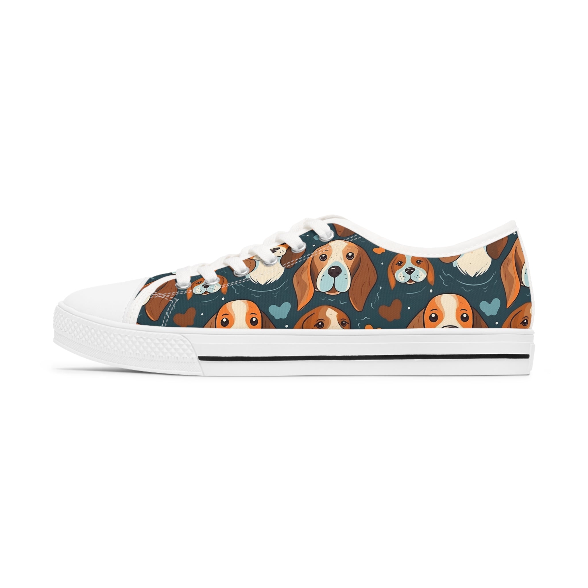 Beagle Women's Low Top Sneakers in black and white, featuring breathable canvas, memory foam insoles, and customizable design options.