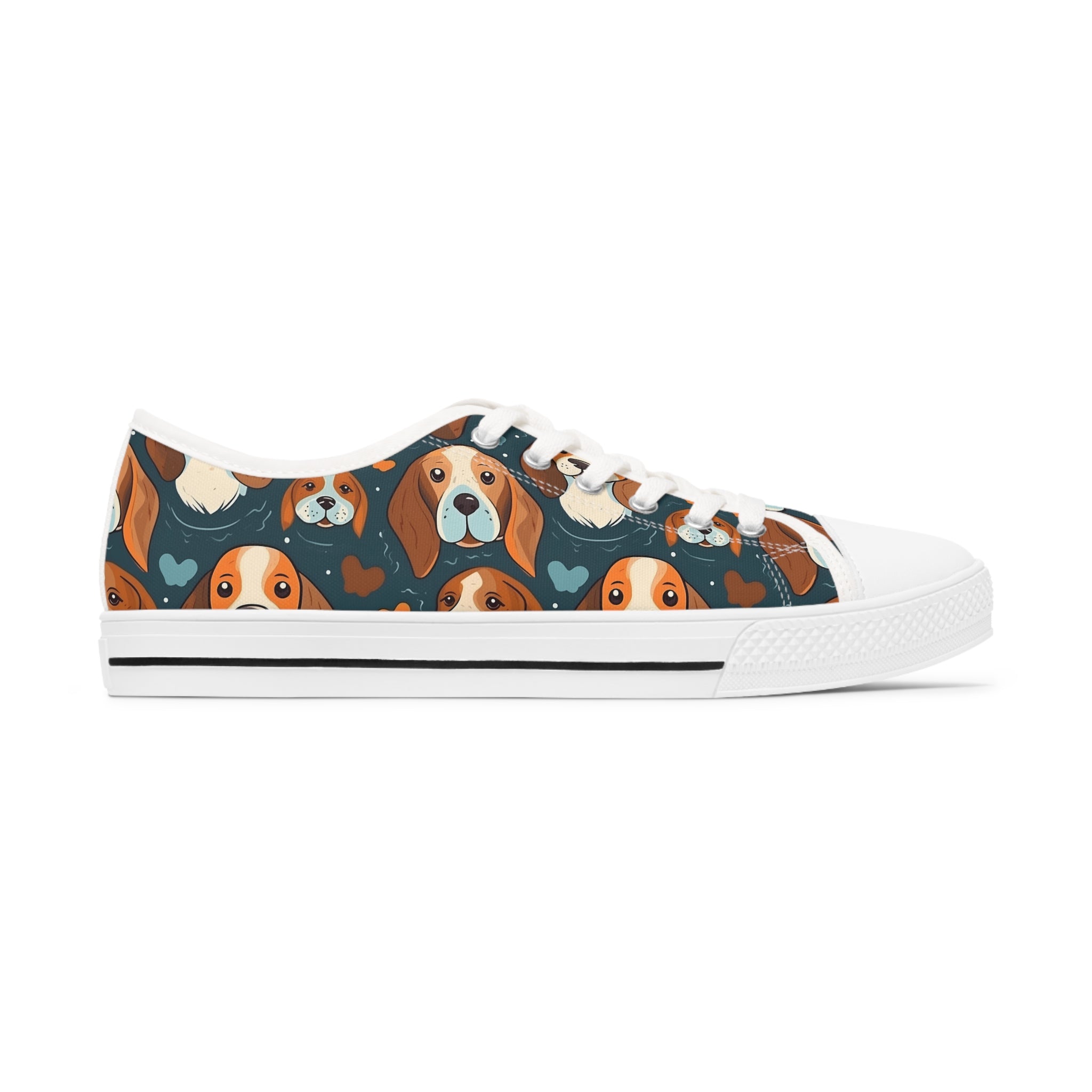 Beagle Women's Low Top Sneakers in black and white, featuring breathable canvas, memory foam insoles, and customizable design options.