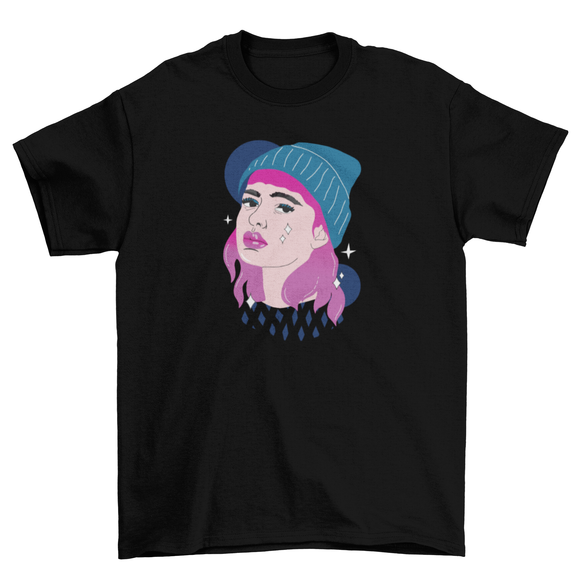 Illustration of a girl with pink hair wearing a stylish beanie, symbolizing girls' power and individuality.