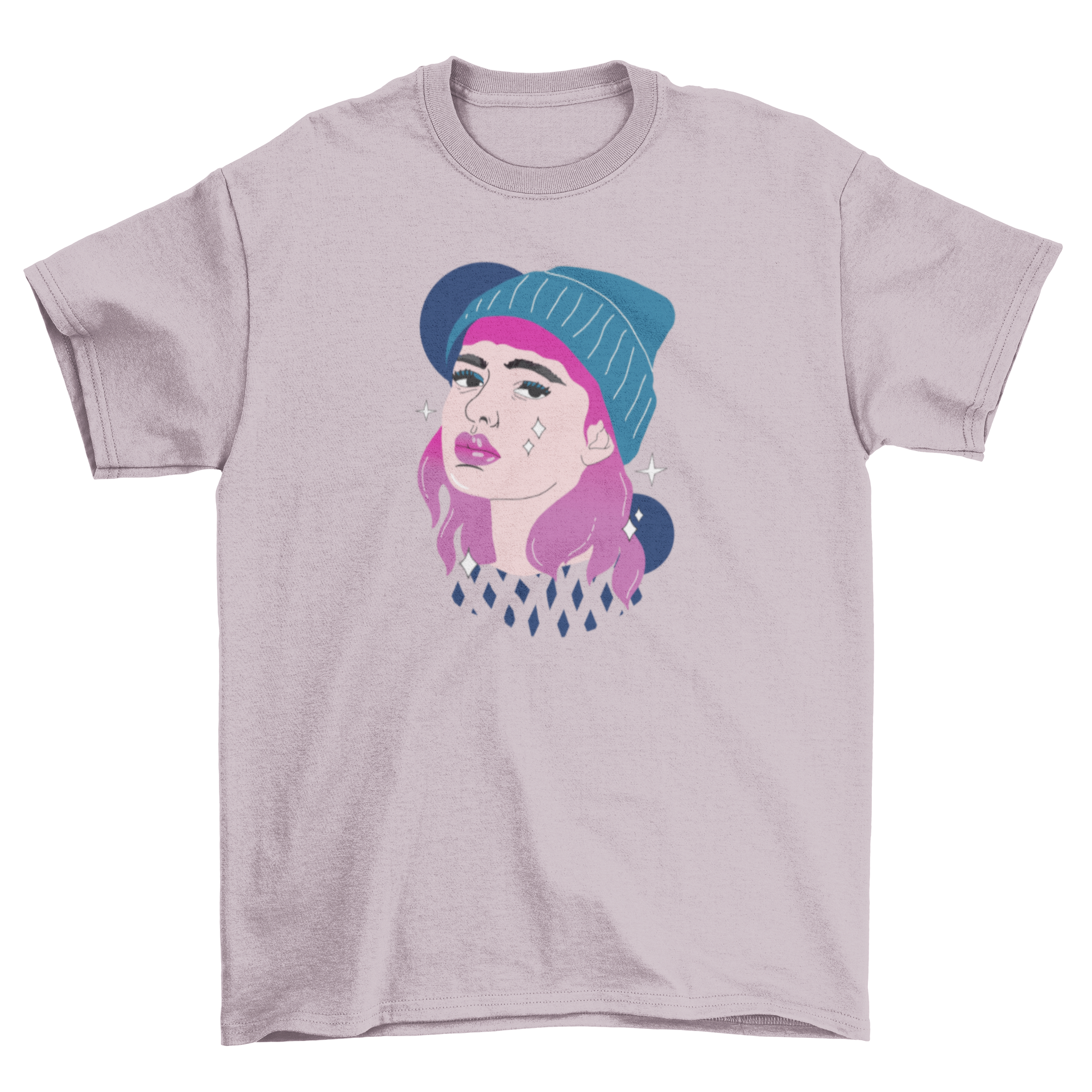 Illustration of a girl with pink hair wearing a stylish beanie, symbolizing girls' power and individuality.