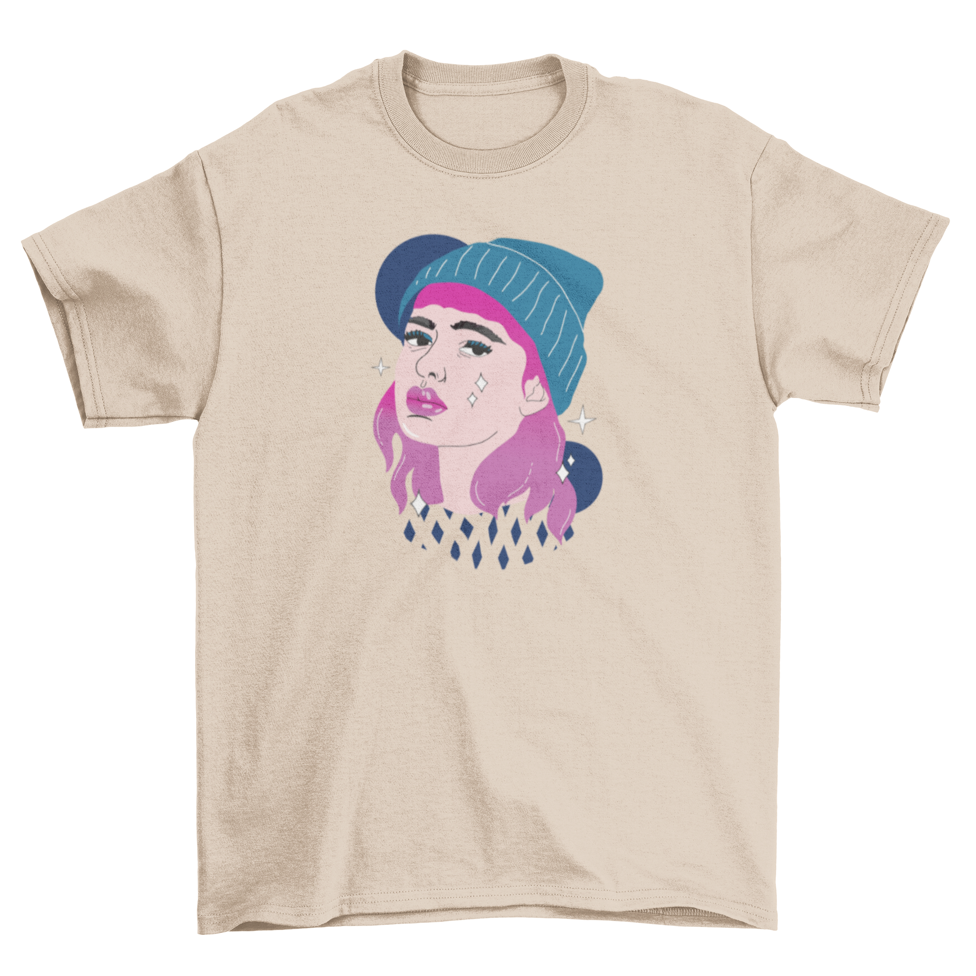 Illustration of a girl with pink hair wearing a stylish beanie, symbolizing girls' power and individuality.