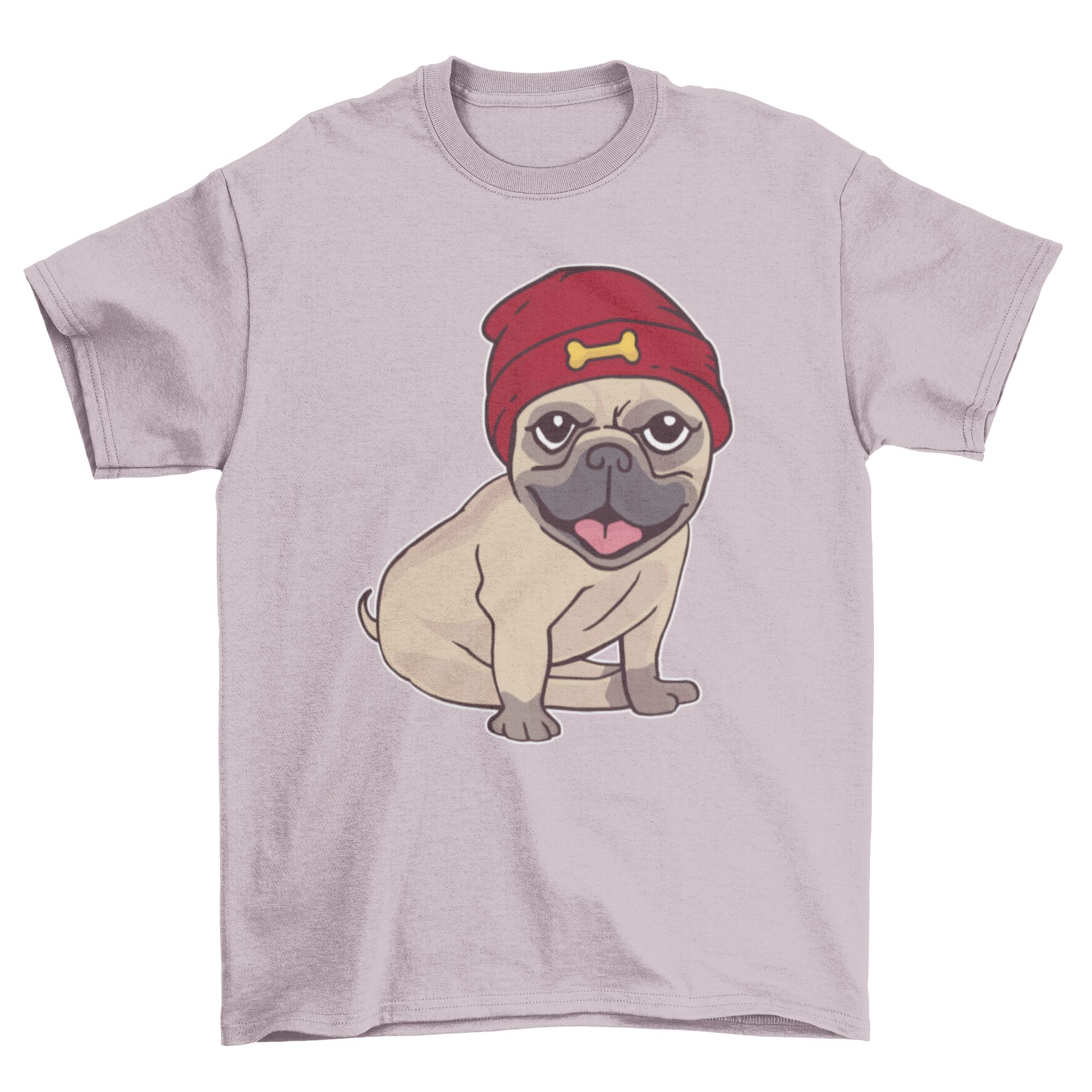 A cute pug puppy wearing a warm red beanie on a t-shirt.