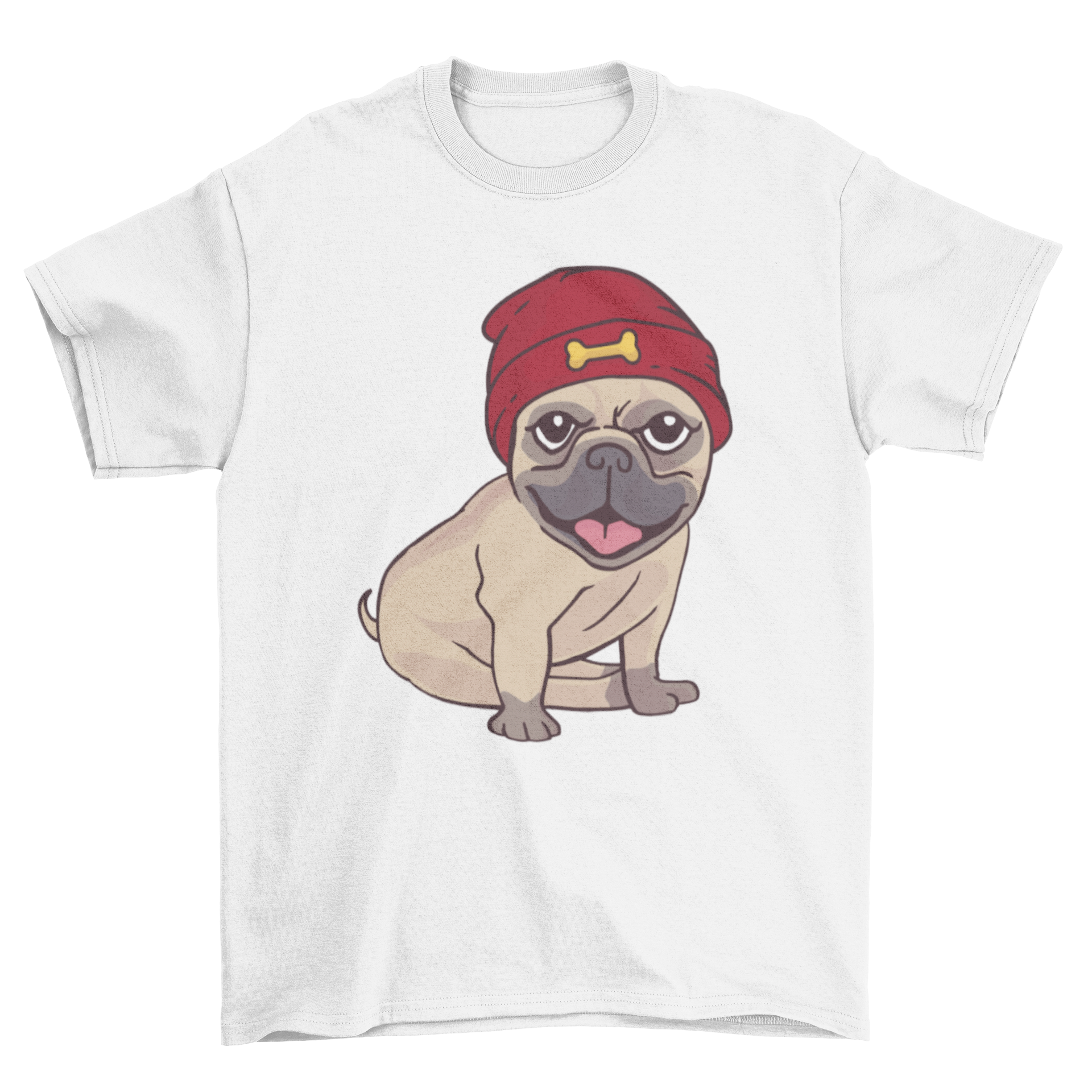 A cute pug puppy wearing a warm red beanie on a t-shirt.