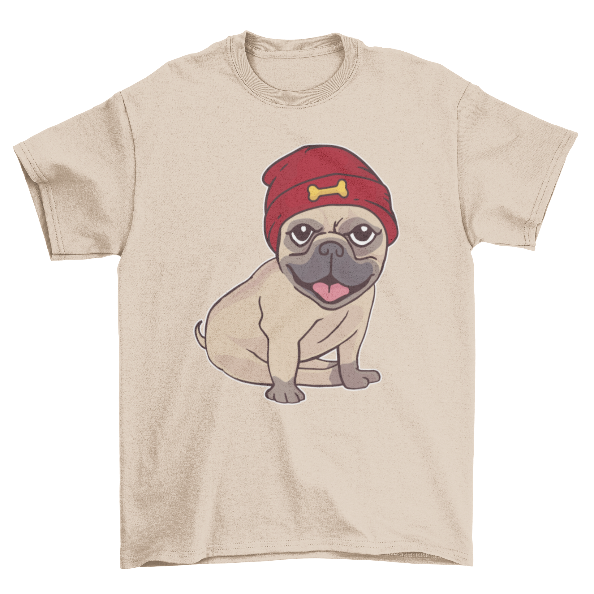 A cute pug puppy wearing a warm red beanie on a t-shirt.