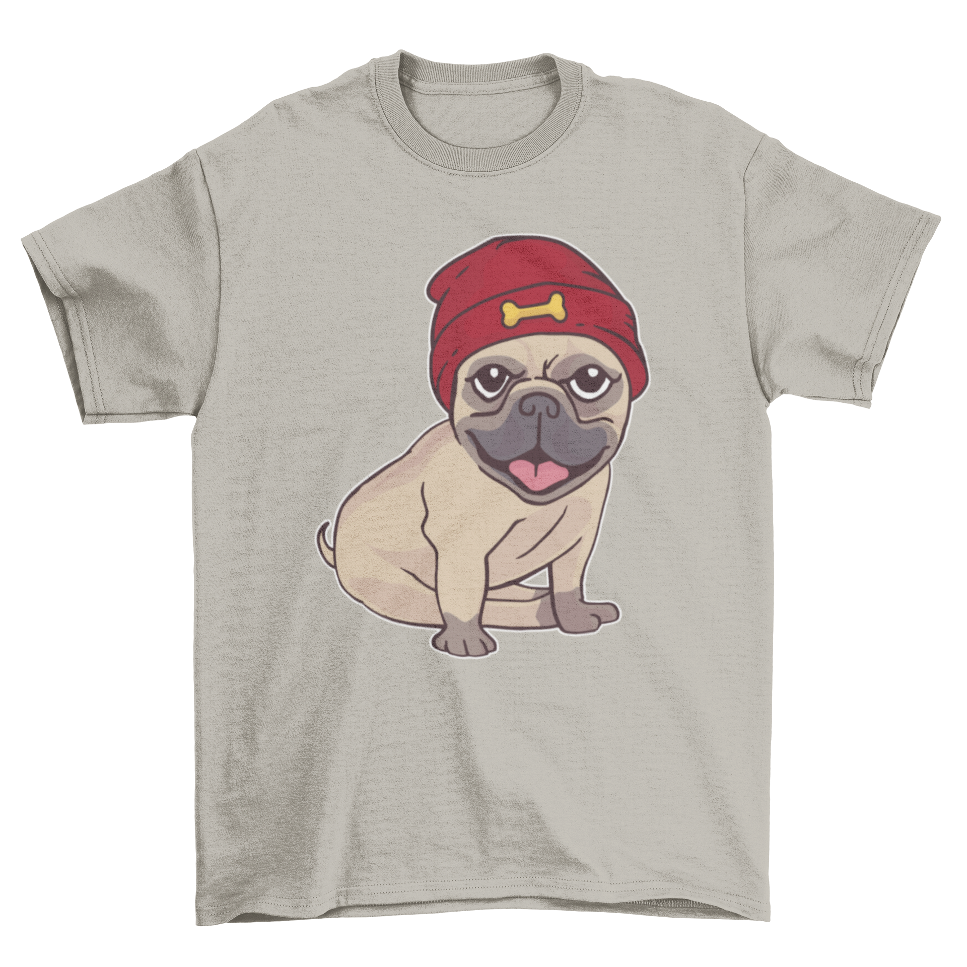 A cute pug puppy wearing a warm red beanie on a t-shirt.