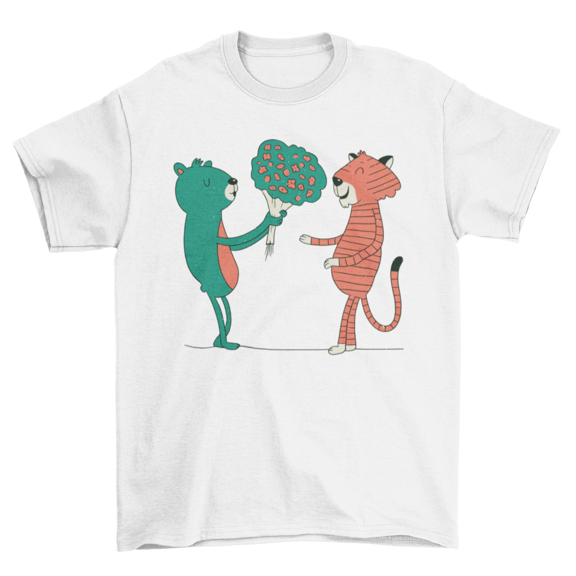 A cute t-shirt featuring a bear giving flowers to a tiger, showcasing a playful and heartwarming design.