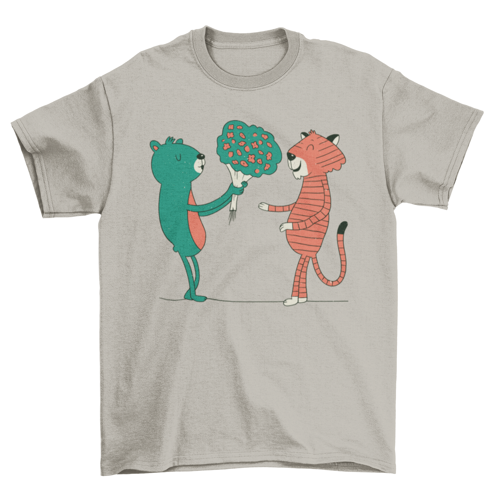 A cute t-shirt featuring a bear giving flowers to a tiger, showcasing a playful and heartwarming design.