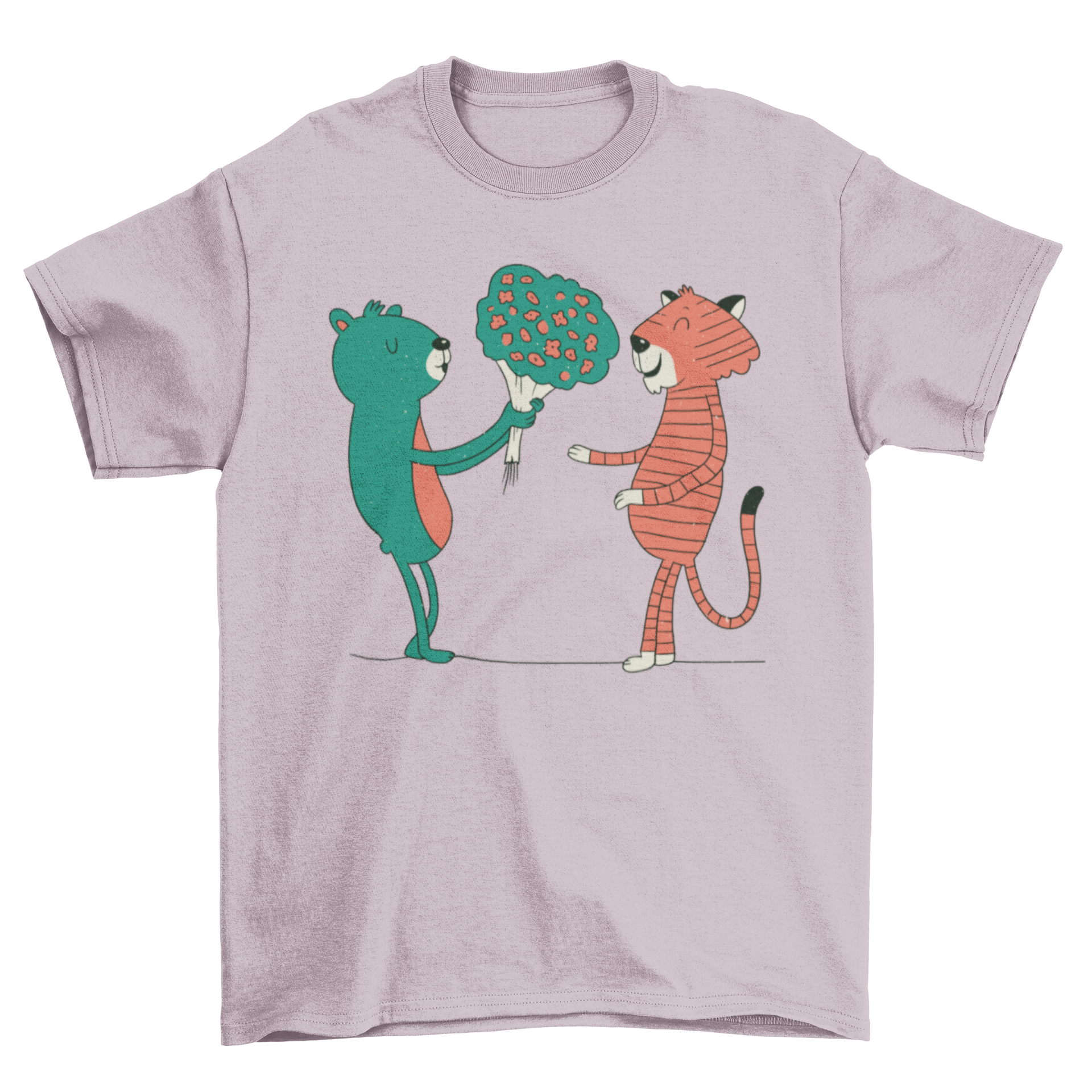 A cute t-shirt featuring a bear giving flowers to a tiger, showcasing a playful and heartwarming design.