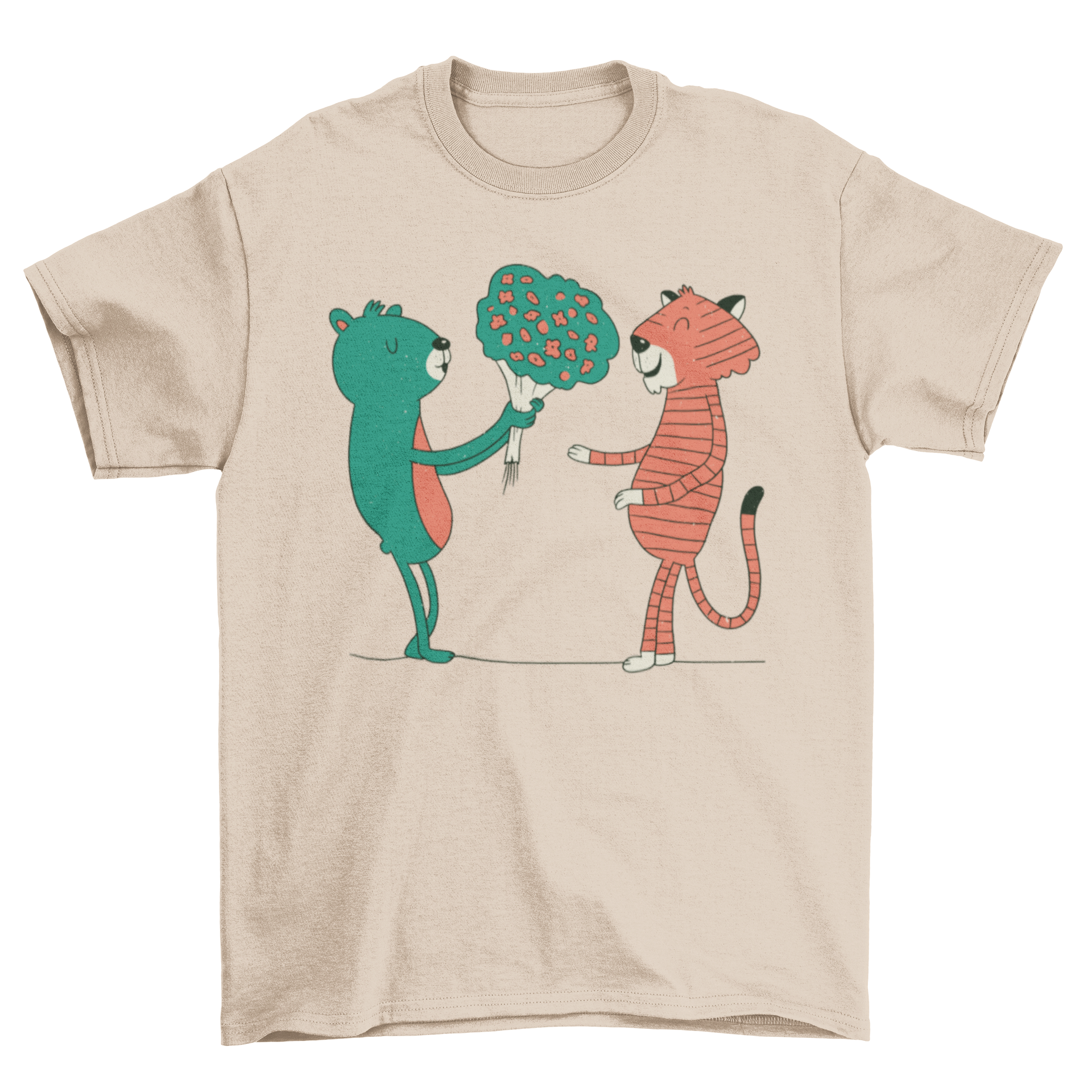 A cute t-shirt featuring a bear giving flowers to a tiger, showcasing a playful and heartwarming design.