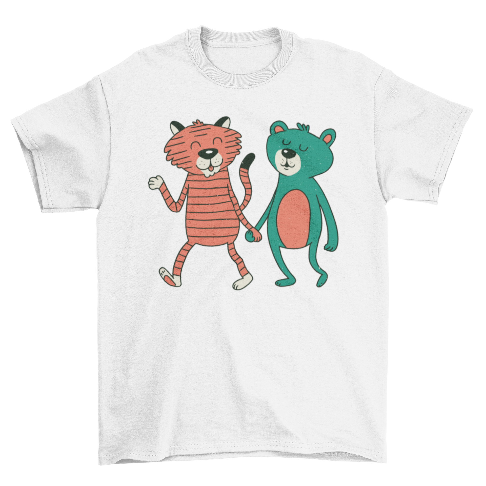 A cute t-shirt featuring a bear and a tiger holding hands while walking, showcasing a playful and friendly design.