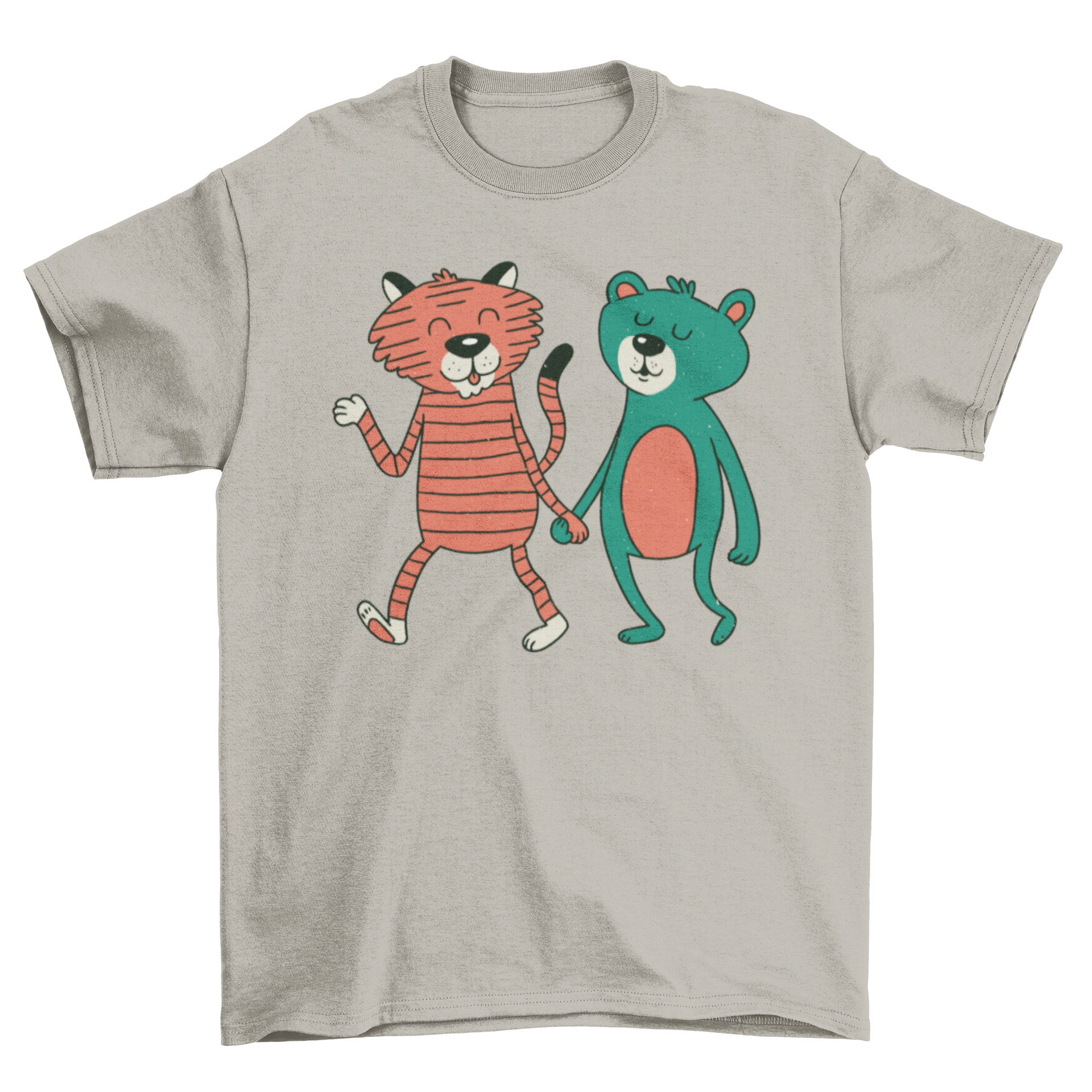 A cute t-shirt featuring a bear and a tiger holding hands while walking, showcasing a playful and friendly design.