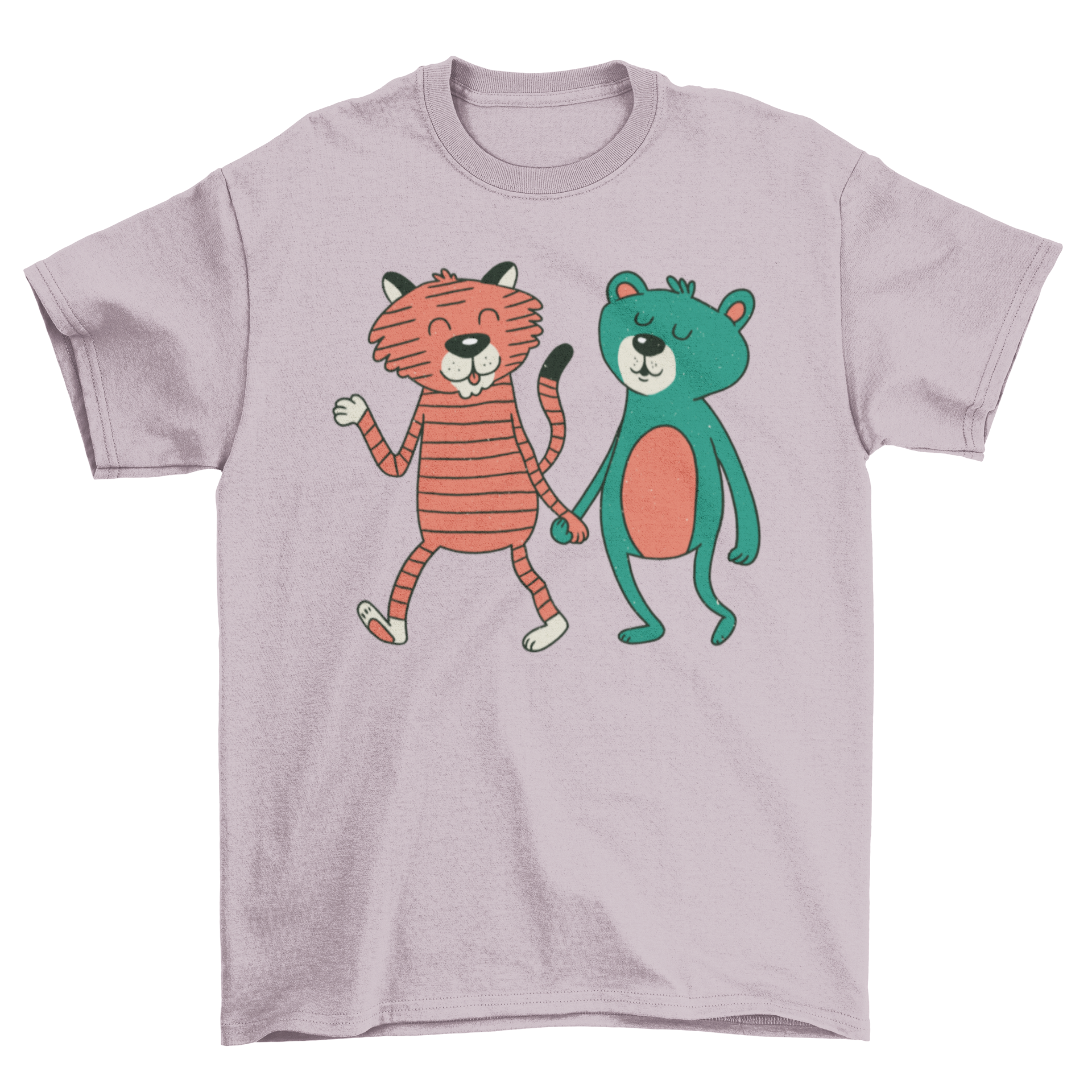 A cute t-shirt featuring a bear and a tiger holding hands while walking, showcasing a playful and friendly design.