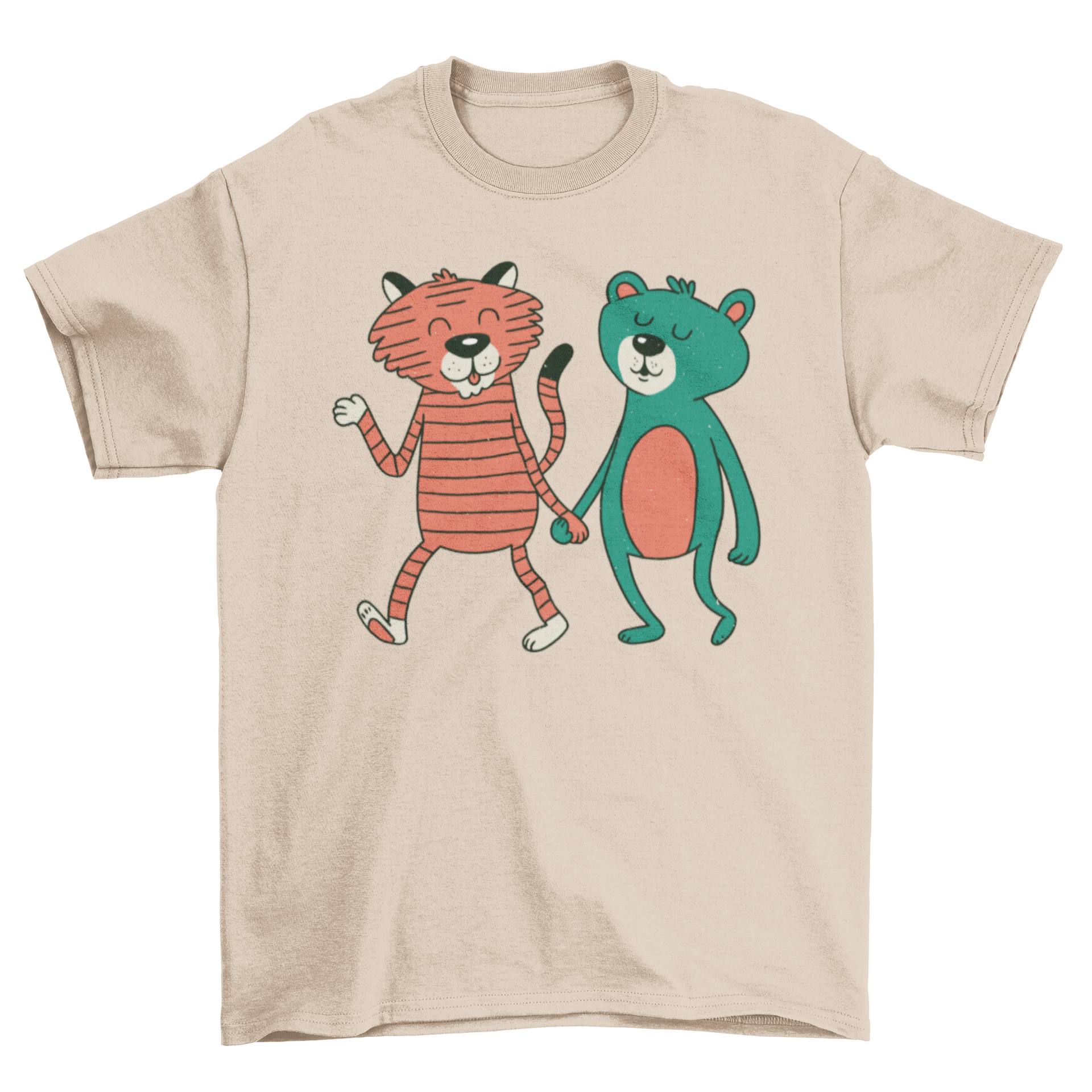 A cute t-shirt featuring a bear and a tiger holding hands while walking, showcasing a playful and friendly design.