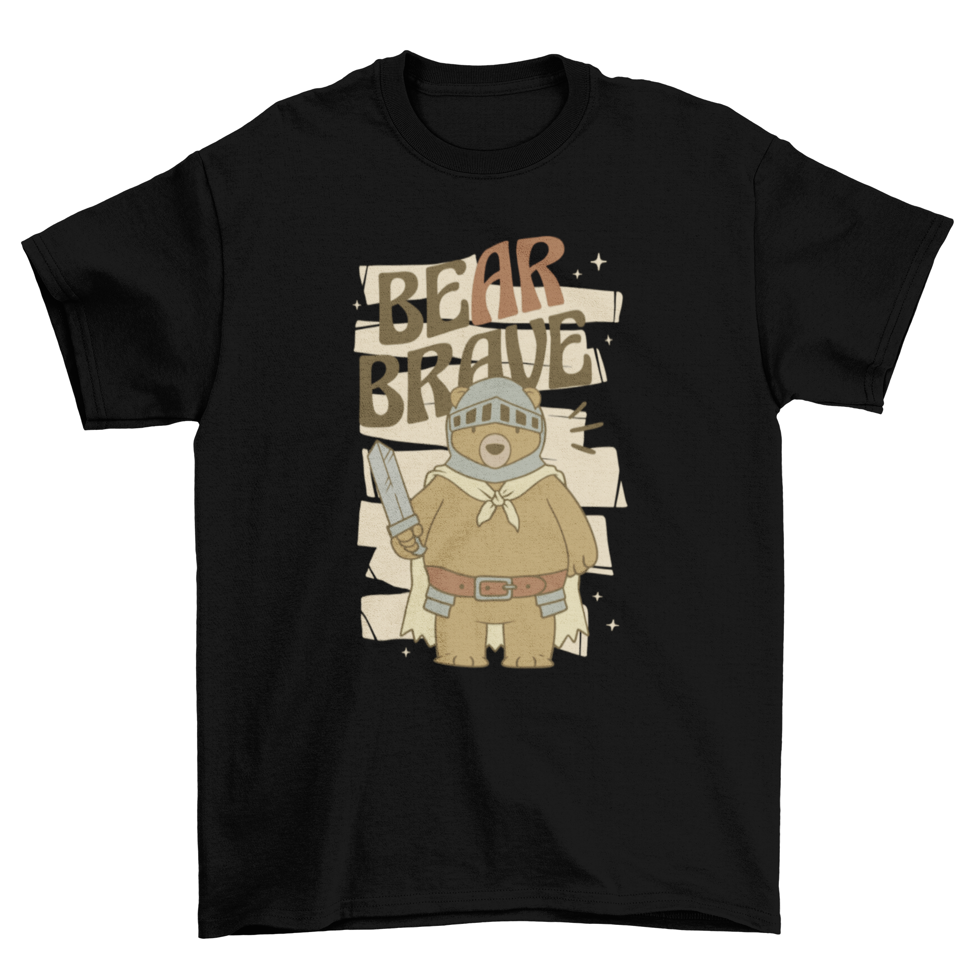 A stylish t-shirt featuring a bear in armor with the quote 'Bear brave', perfect for animal lovers.