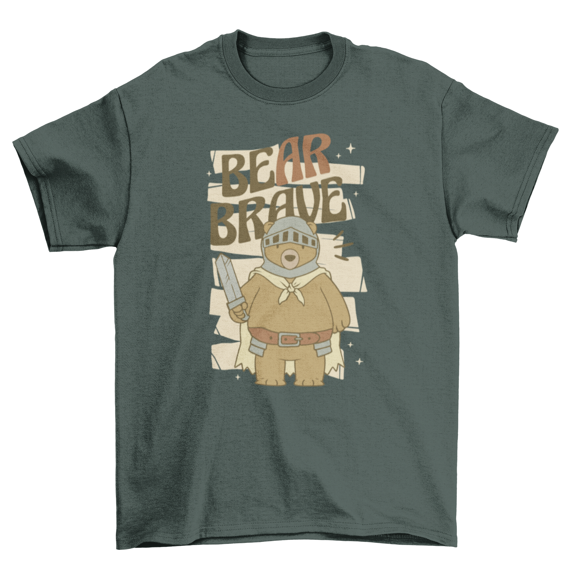 A stylish t-shirt featuring a bear in armor with the quote 'Bear brave', perfect for animal lovers.