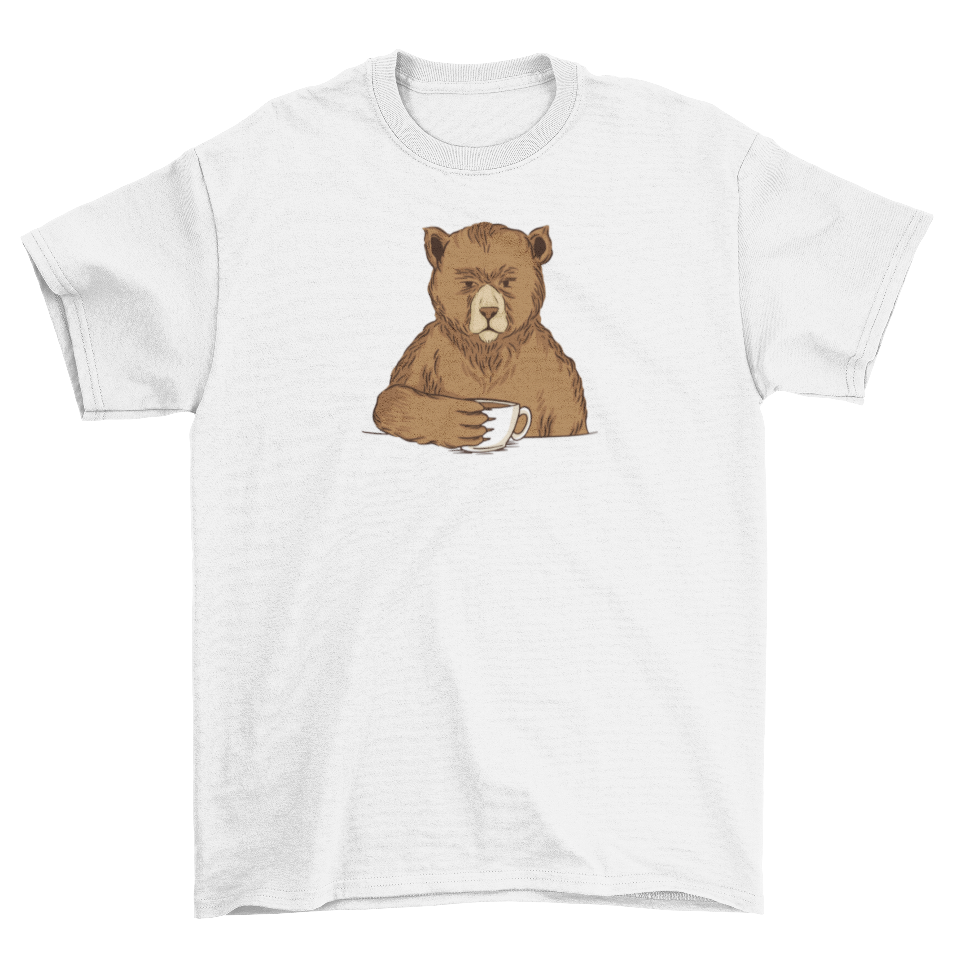 A cozy Bear Coffee T-shirt featuring a cute brown bear holding a cup of coffee, perfect for casual wear.