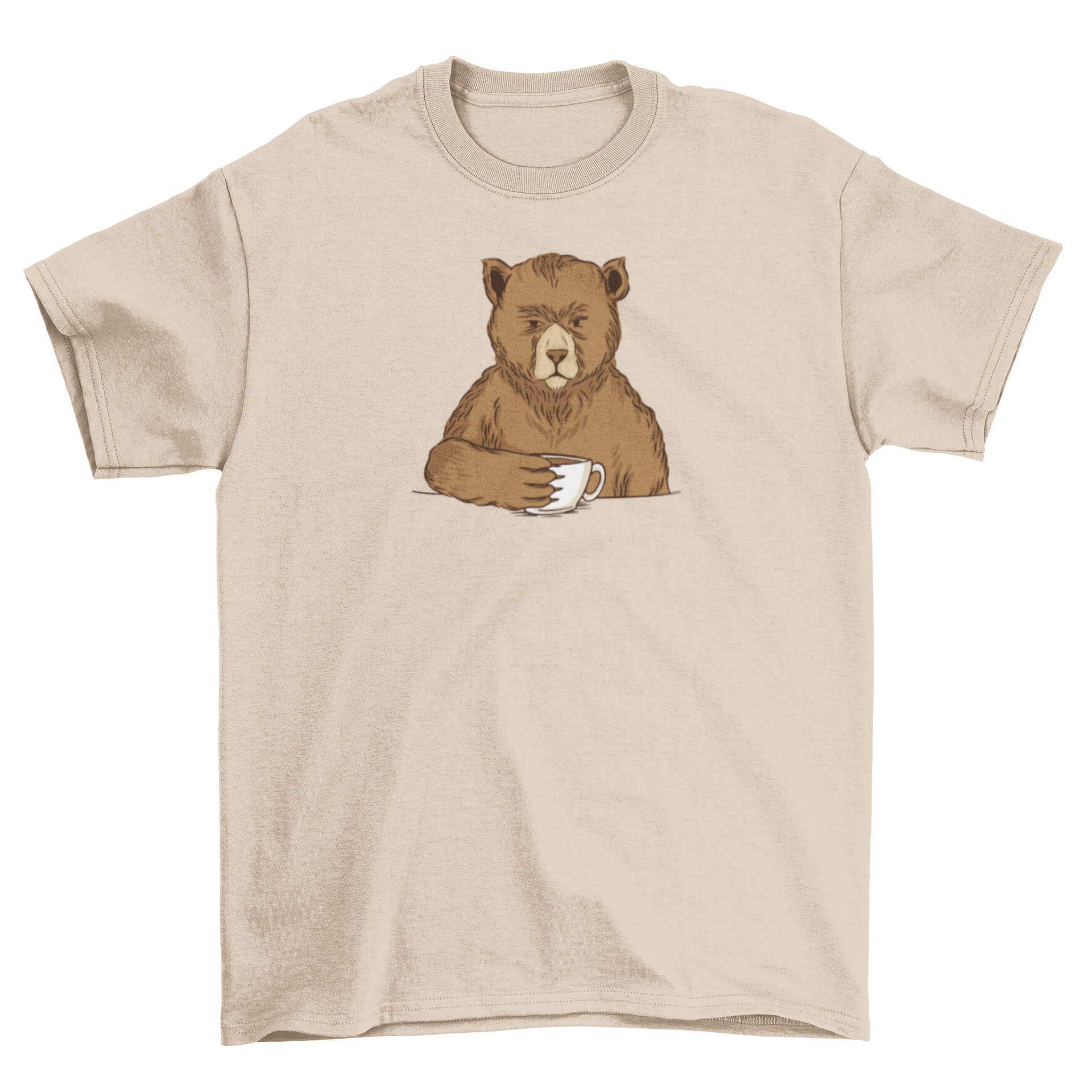 A cozy Bear Coffee T-shirt featuring a cute brown bear holding a cup of coffee, perfect for casual wear.