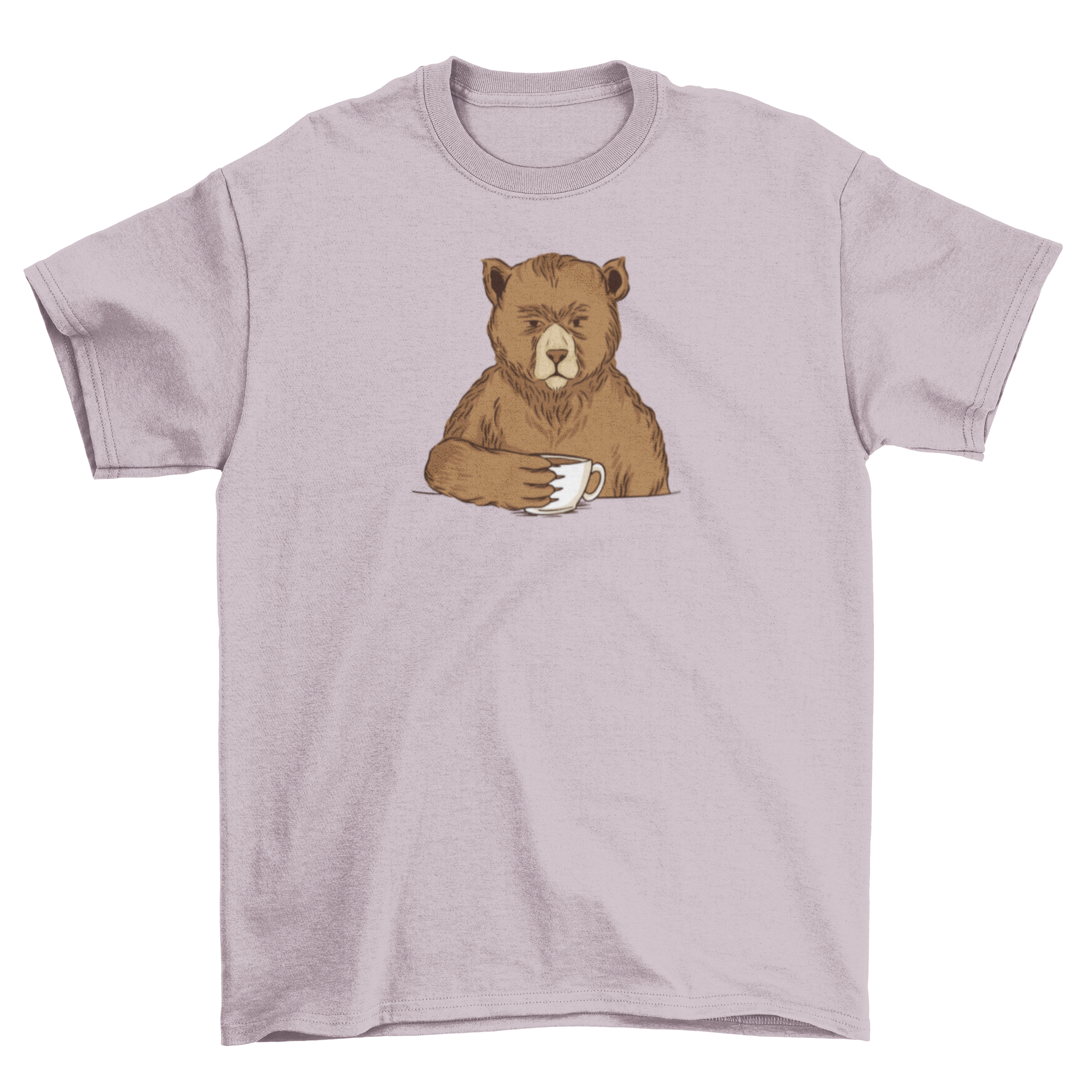 A cozy Bear Coffee T-shirt featuring a cute brown bear holding a cup of coffee, perfect for casual wear.