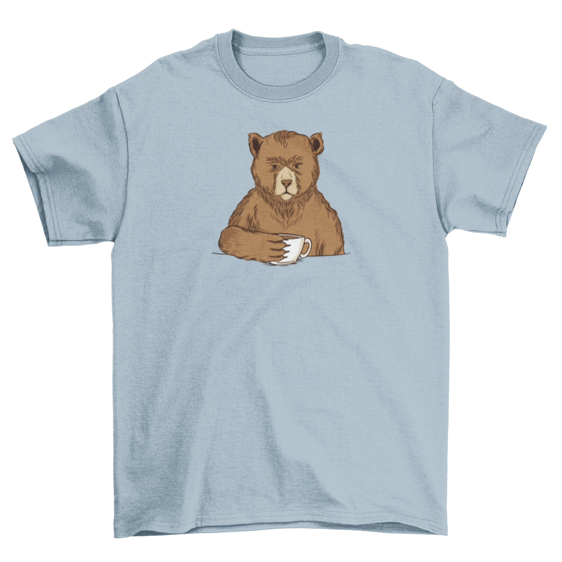 A cozy Bear Coffee T-shirt featuring a cute brown bear holding a cup of coffee, perfect for casual wear.