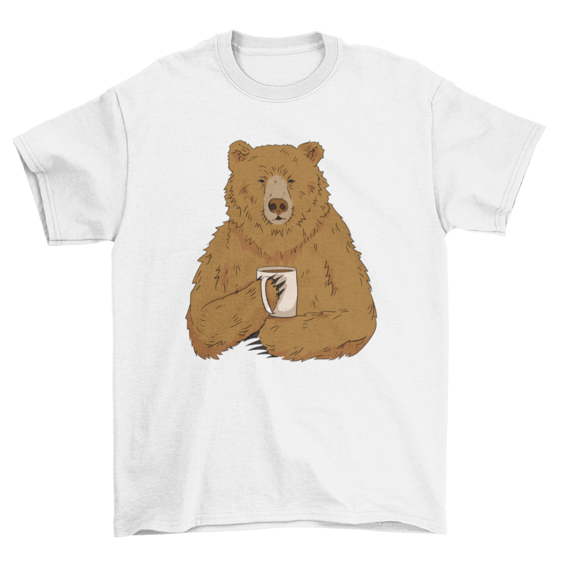 Illustration of a grizzly bear holding a cup of coffee on a stylish t-shirt.