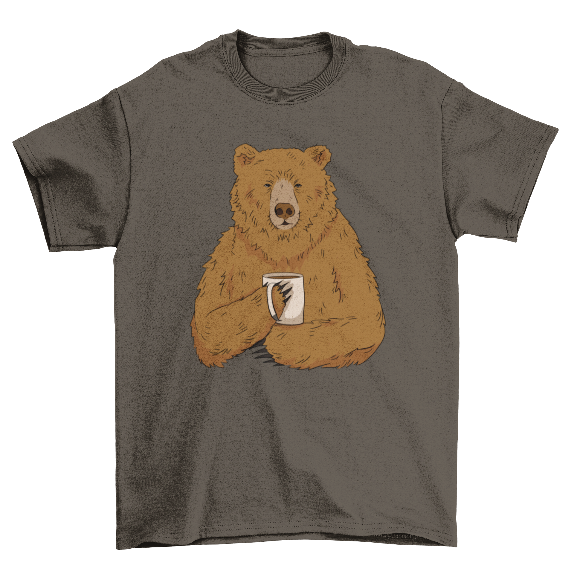 Illustration of a grizzly bear holding a cup of coffee on a stylish t-shirt.