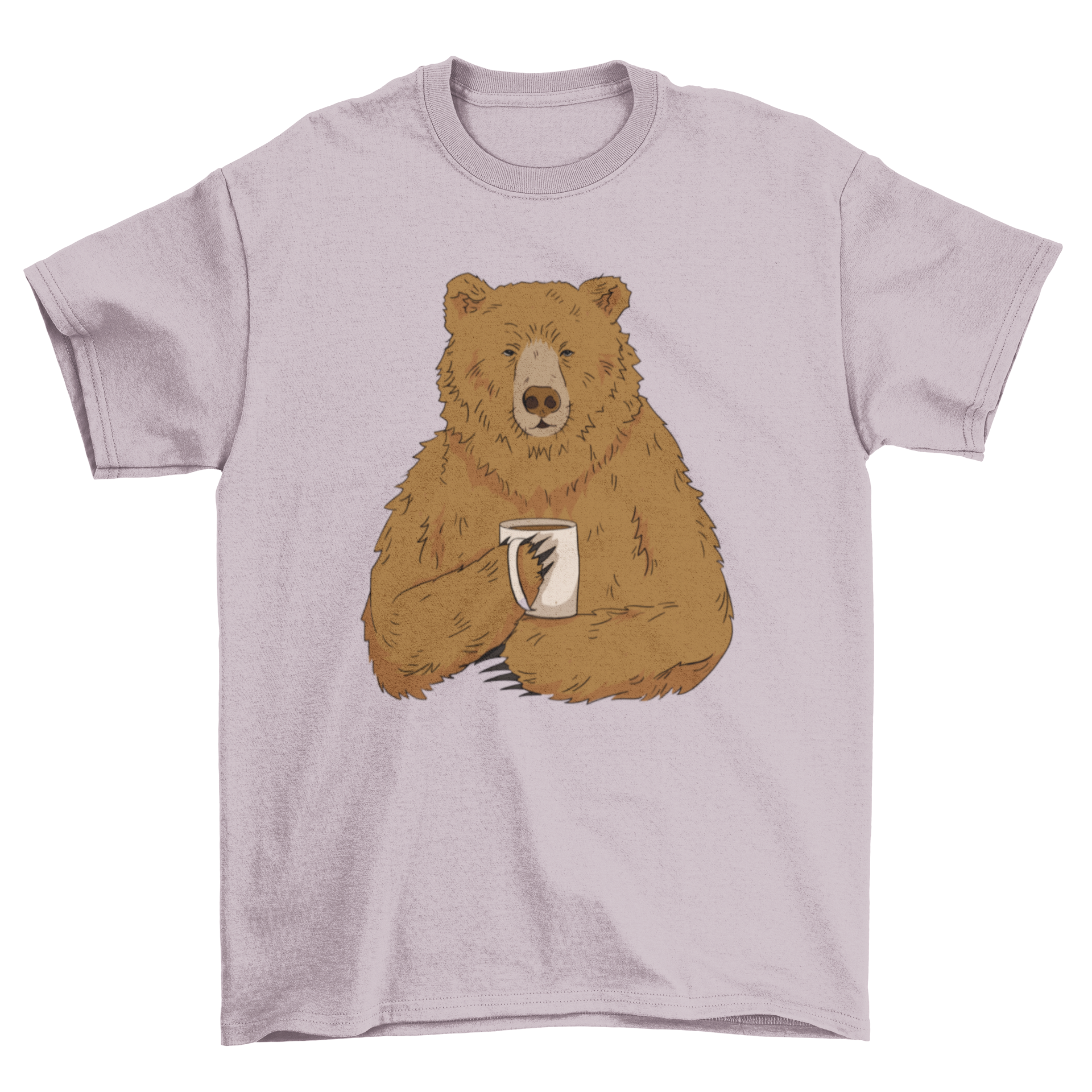 Illustration of a grizzly bear holding a cup of coffee on a stylish t-shirt.