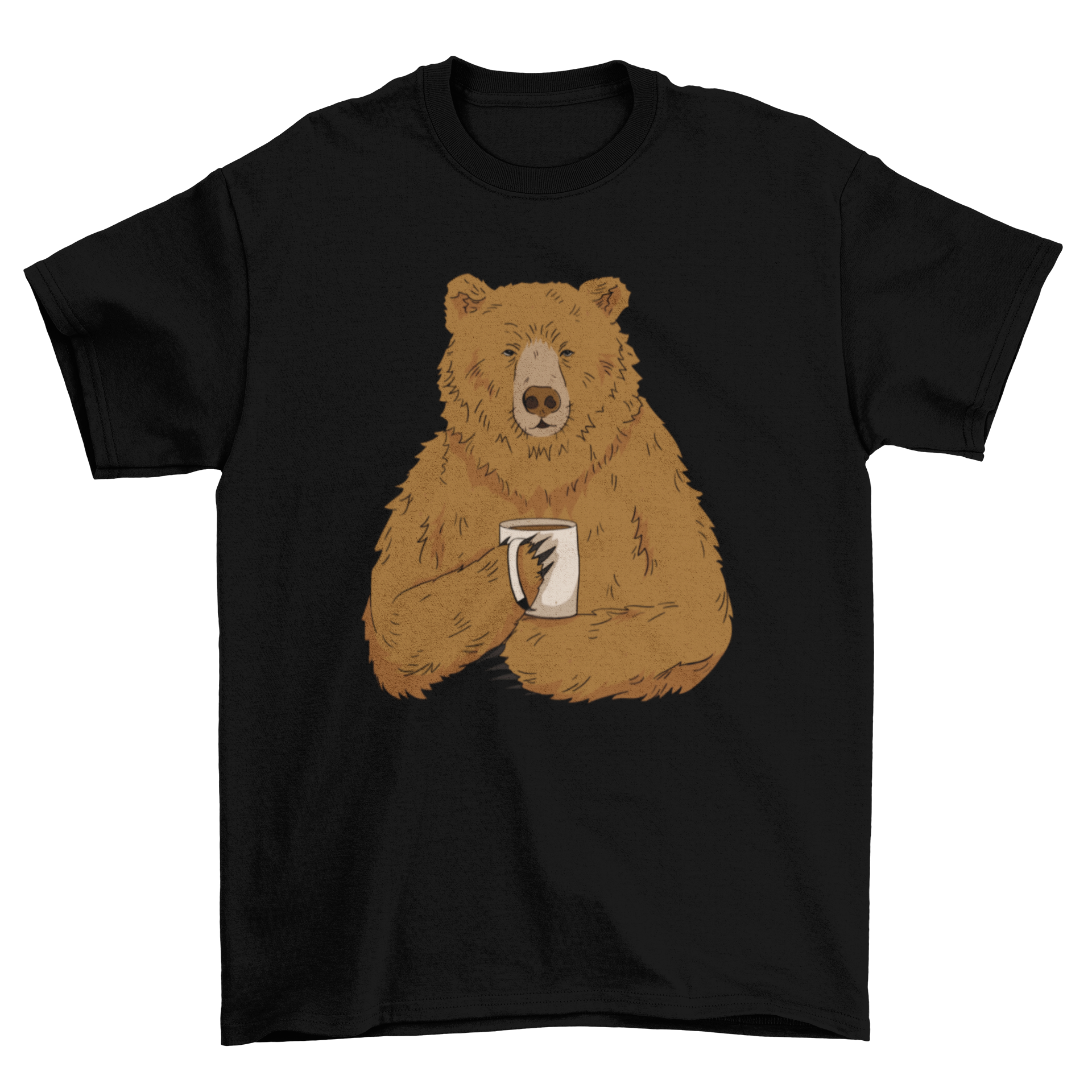 Illustration of a grizzly bear holding a cup of coffee on a stylish t-shirt.