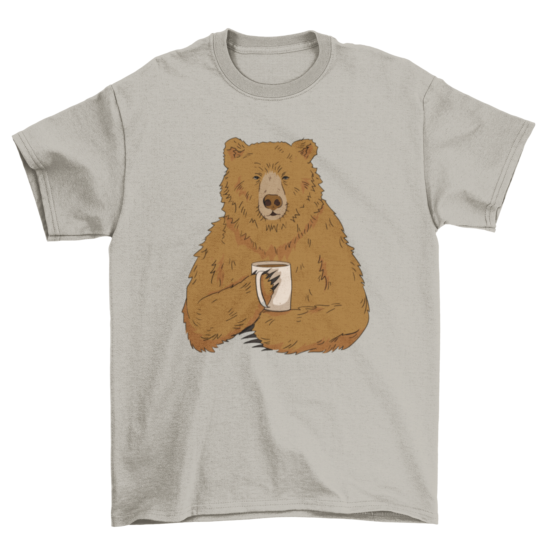 Illustration of a grizzly bear holding a cup of coffee on a stylish t-shirt.