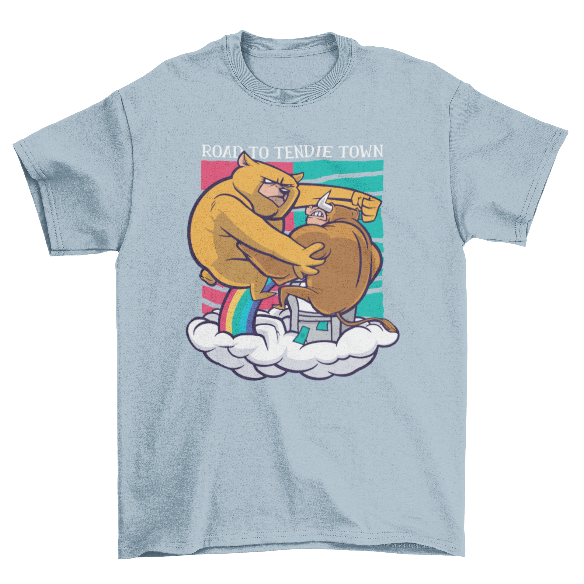 A bear fighting a bull on a t-shirt with the quote 'Road to tendie town', showcasing a dynamic and humorous design.