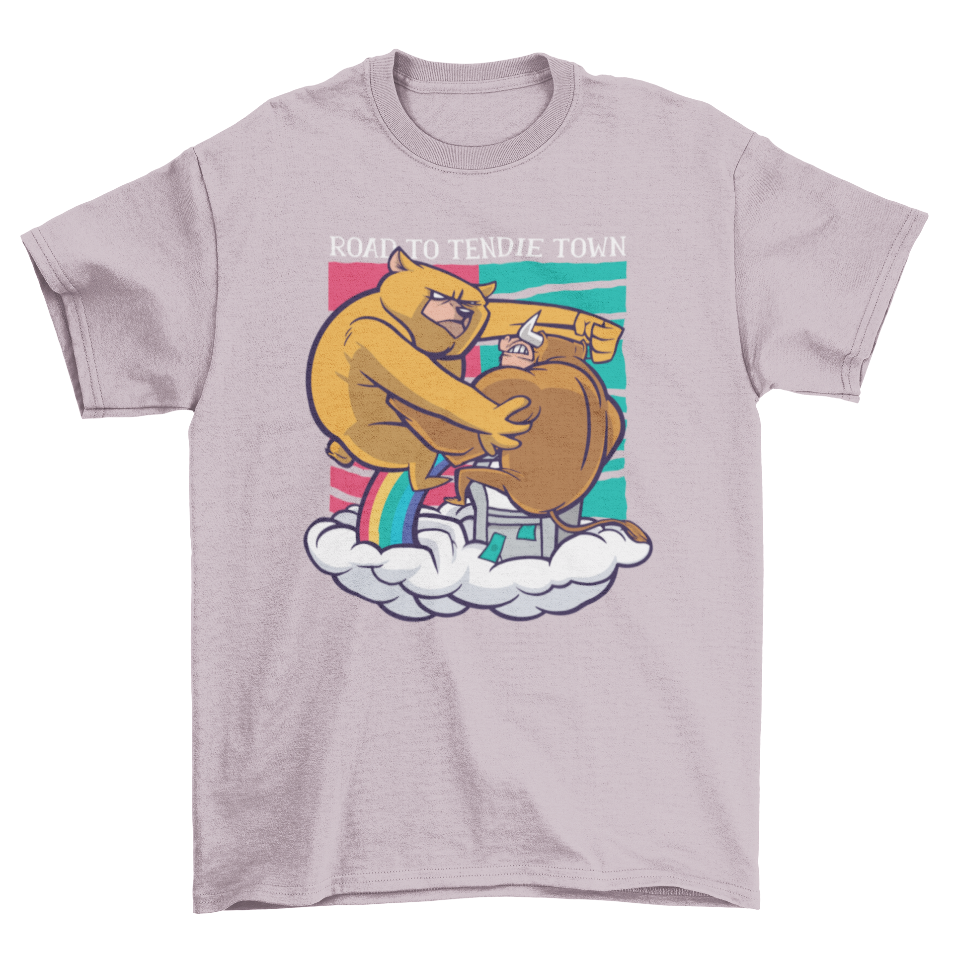 A bear fighting a bull on a t-shirt with the quote 'Road to tendie town', showcasing a dynamic and humorous design.