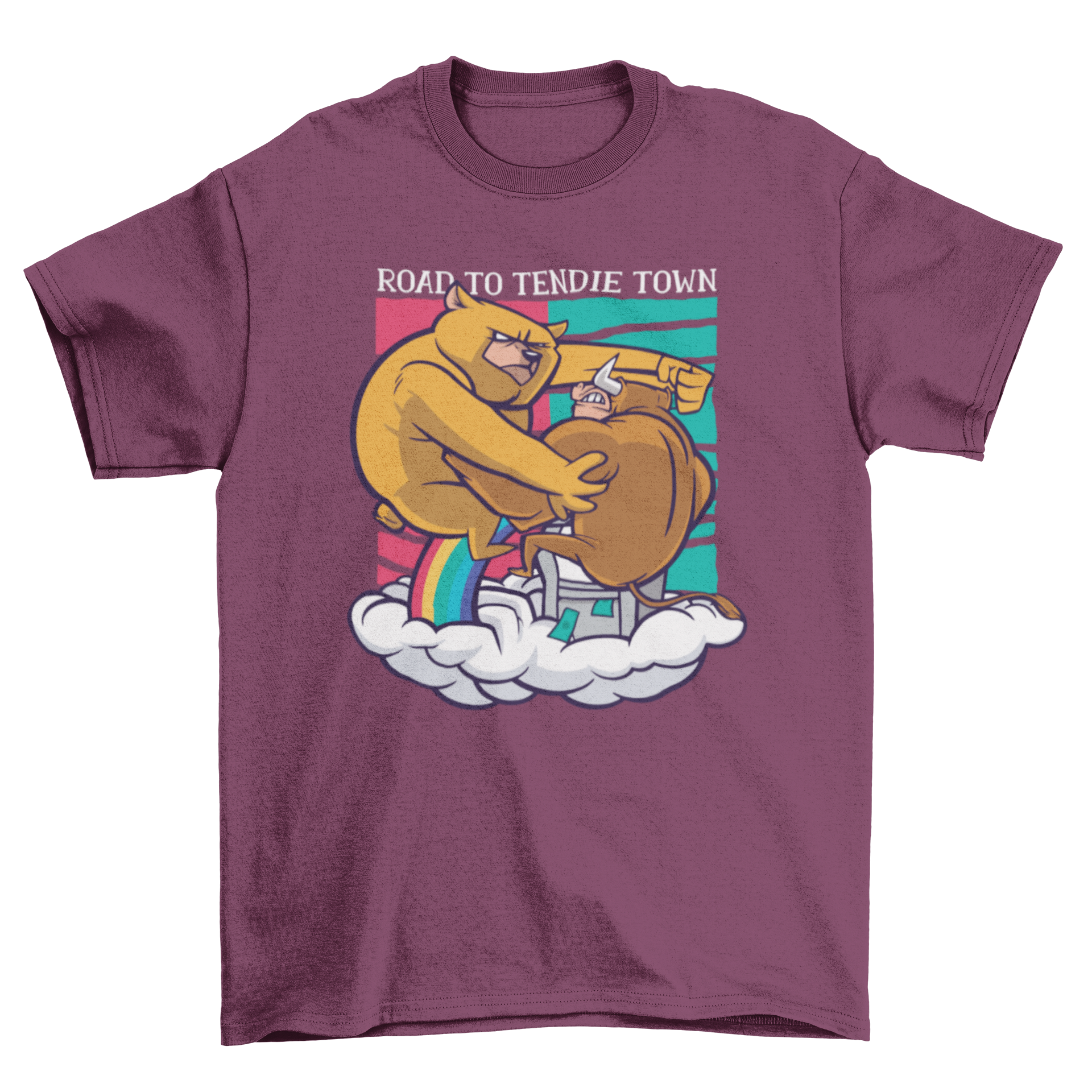 A bear fighting a bull on a t-shirt with the quote 'Road to tendie town', showcasing a dynamic and humorous design.