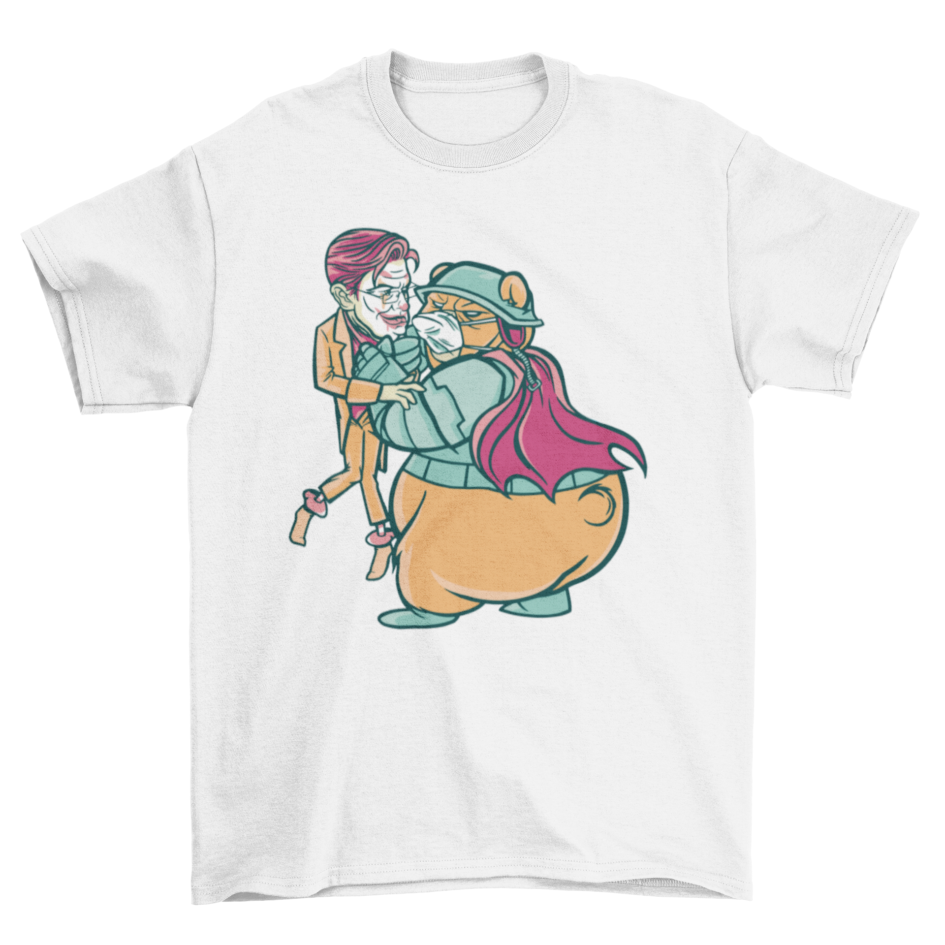 A Bear Fighting T-shirt featuring a bear battling a character with green hair, showcasing vibrant colors and intricate design.