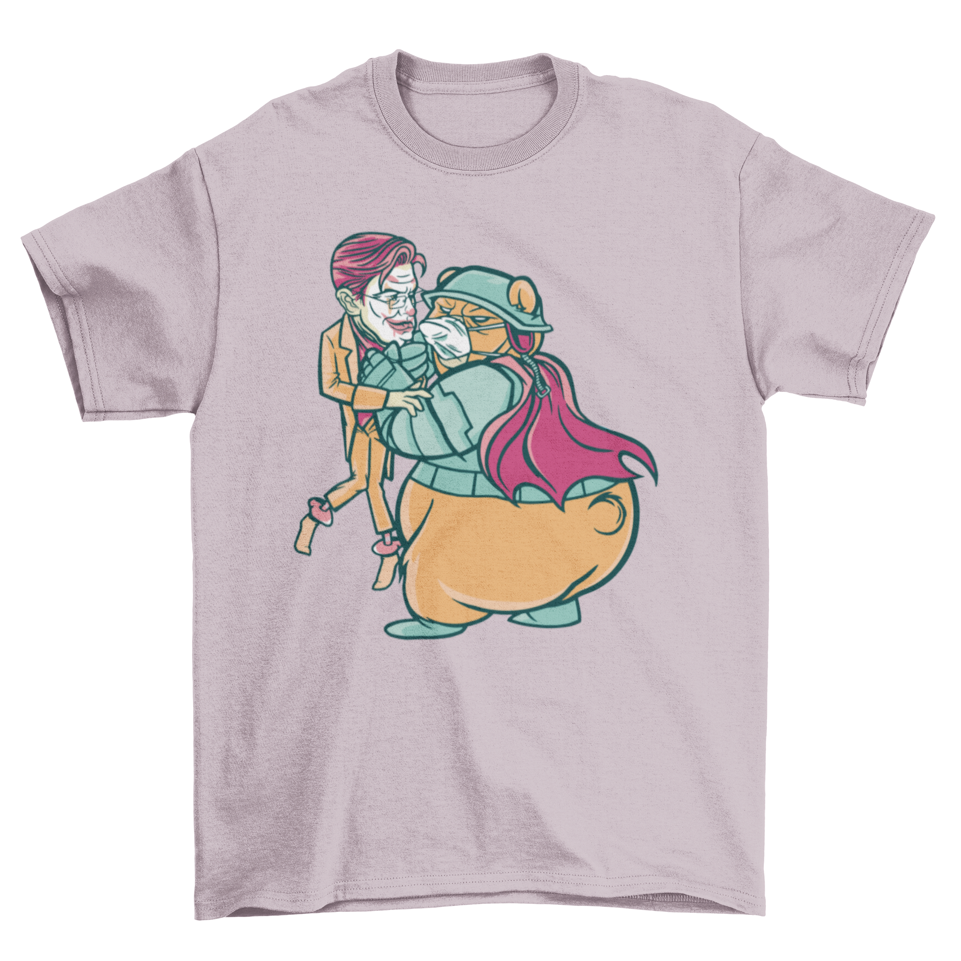 A Bear Fighting T-shirt featuring a bear battling a character with green hair, showcasing vibrant colors and intricate design.