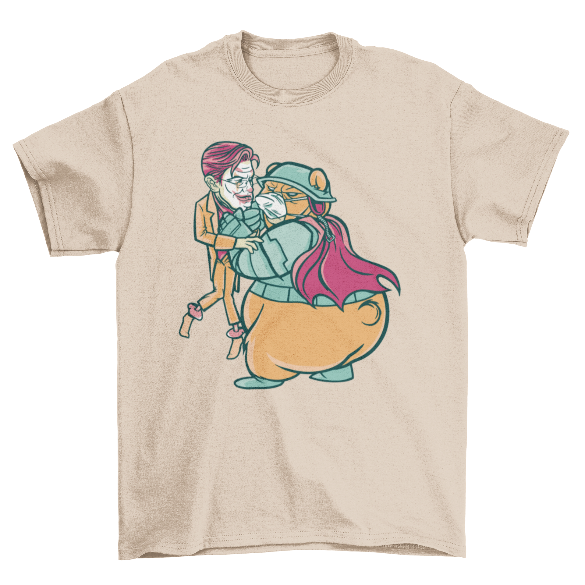 A Bear Fighting T-shirt featuring a bear battling a character with green hair, showcasing vibrant colors and intricate design.