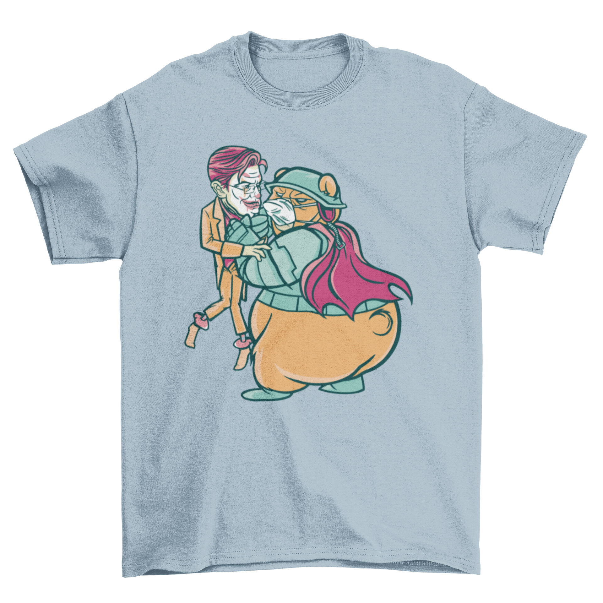 A Bear Fighting T-shirt featuring a bear battling a character with green hair, showcasing vibrant colors and intricate design.