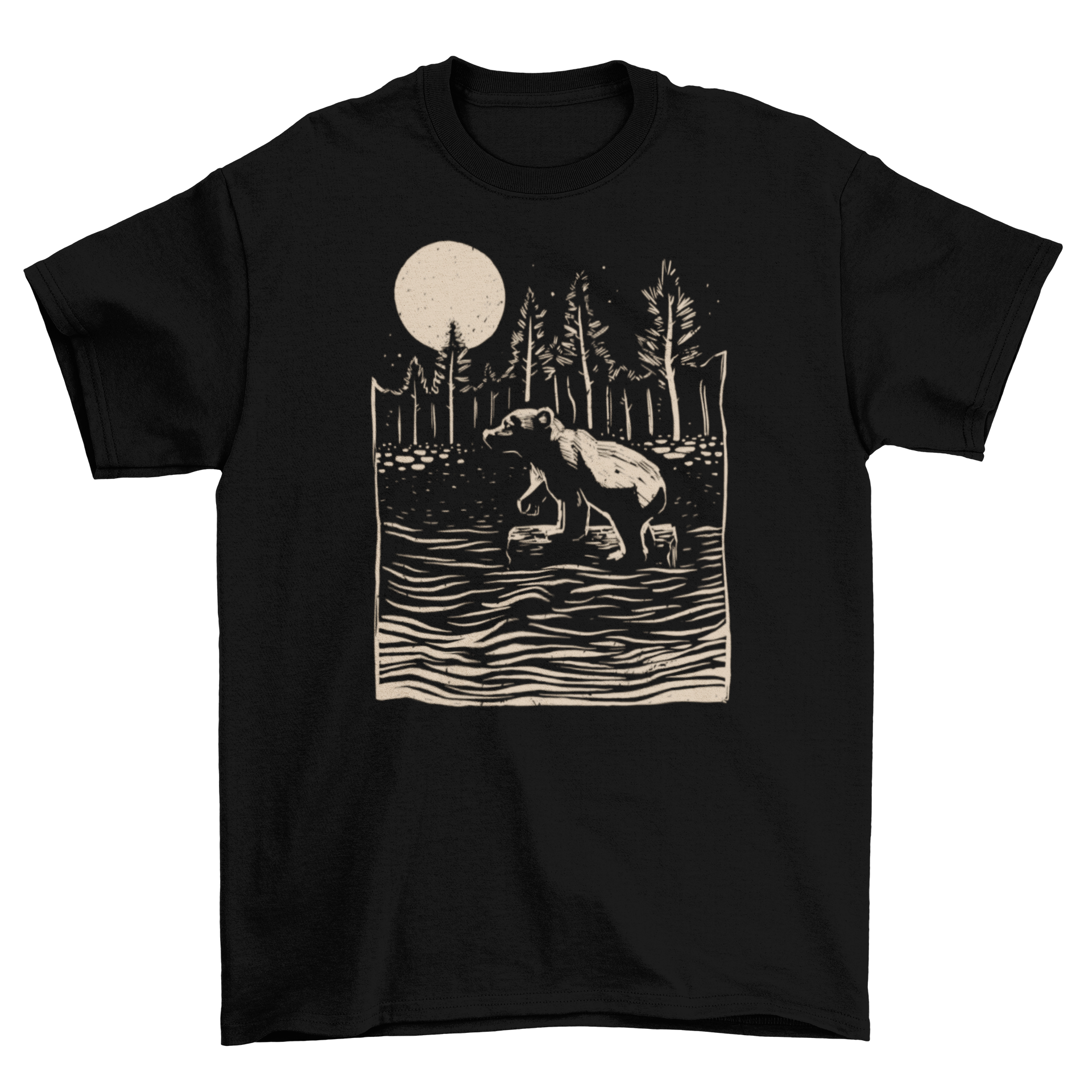 A stylish t-shirt featuring a bear floating in a river over a log, showcasing a nature-inspired design.