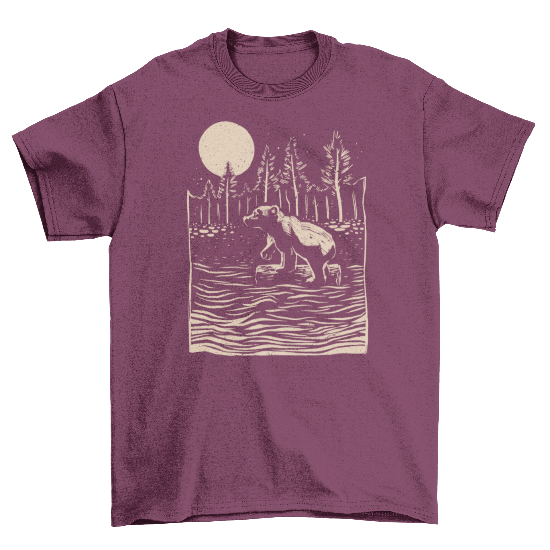 A stylish t-shirt featuring a bear floating in a river over a log, showcasing a nature-inspired design.