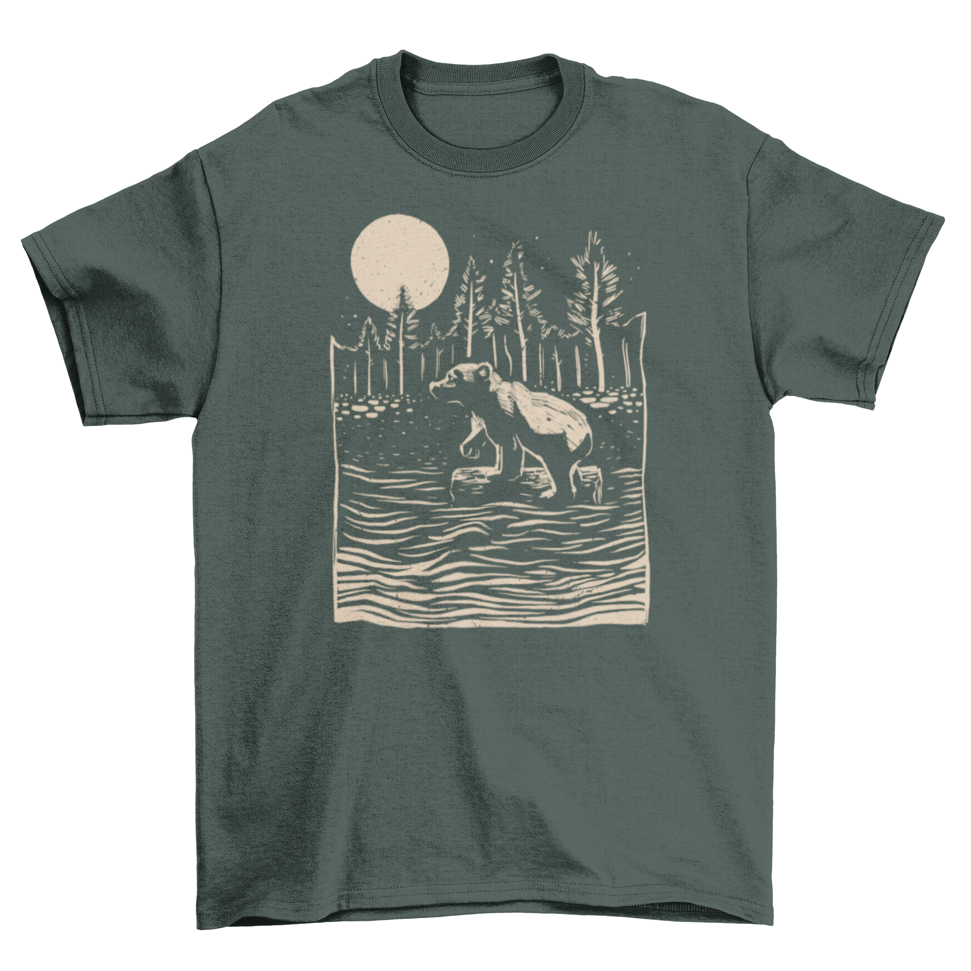 A stylish t-shirt featuring a bear floating in a river over a log, showcasing a nature-inspired design.