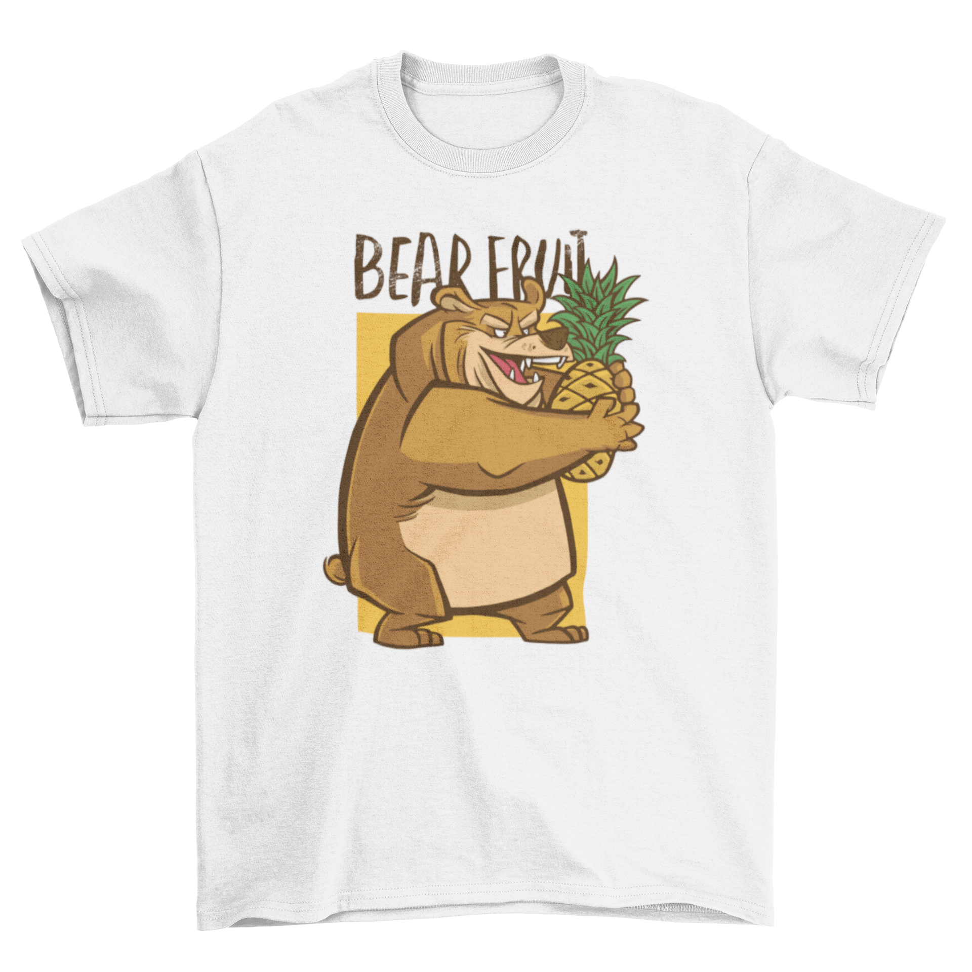 A playful t-shirt design featuring a bear holding a pineapple with the quote 'Bear fruit'.