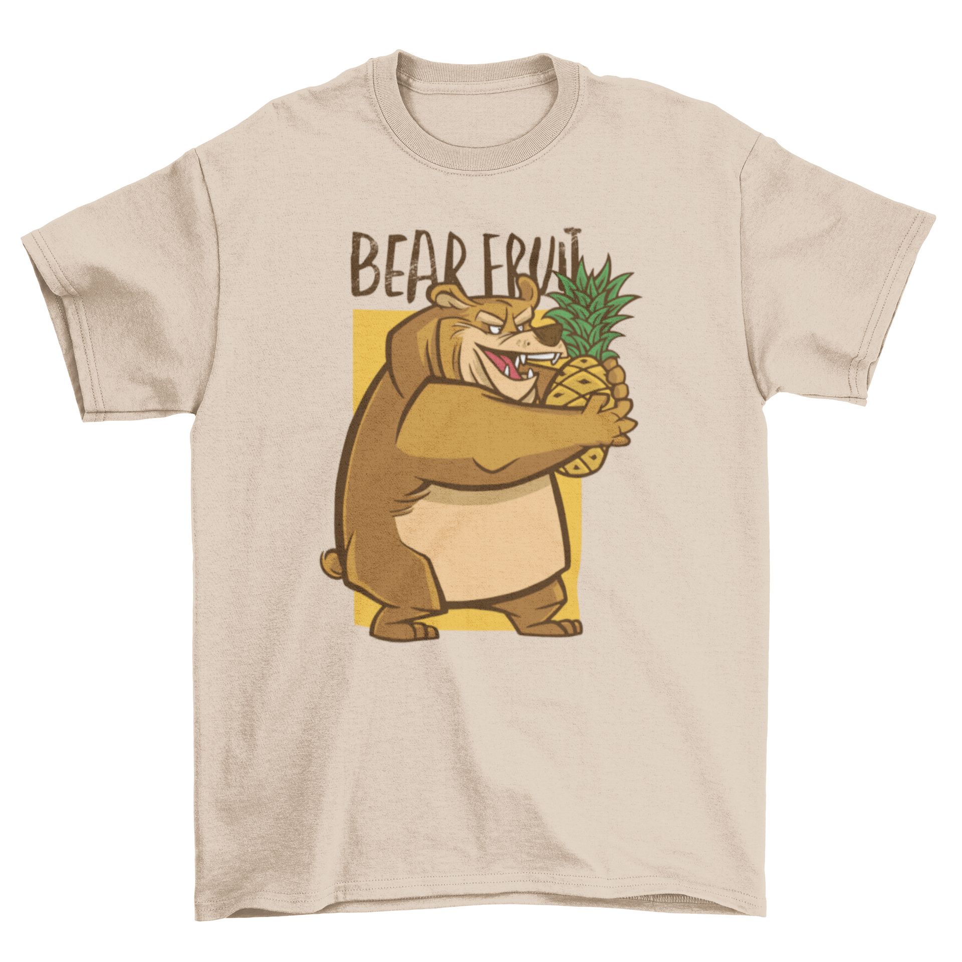 A playful t-shirt design featuring a bear holding a pineapple with the quote 'Bear fruit'.