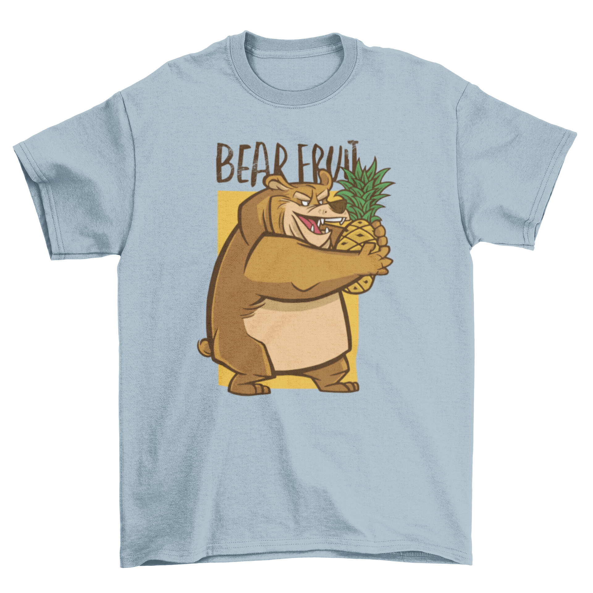 A playful t-shirt design featuring a bear holding a pineapple with the quote 'Bear fruit'.