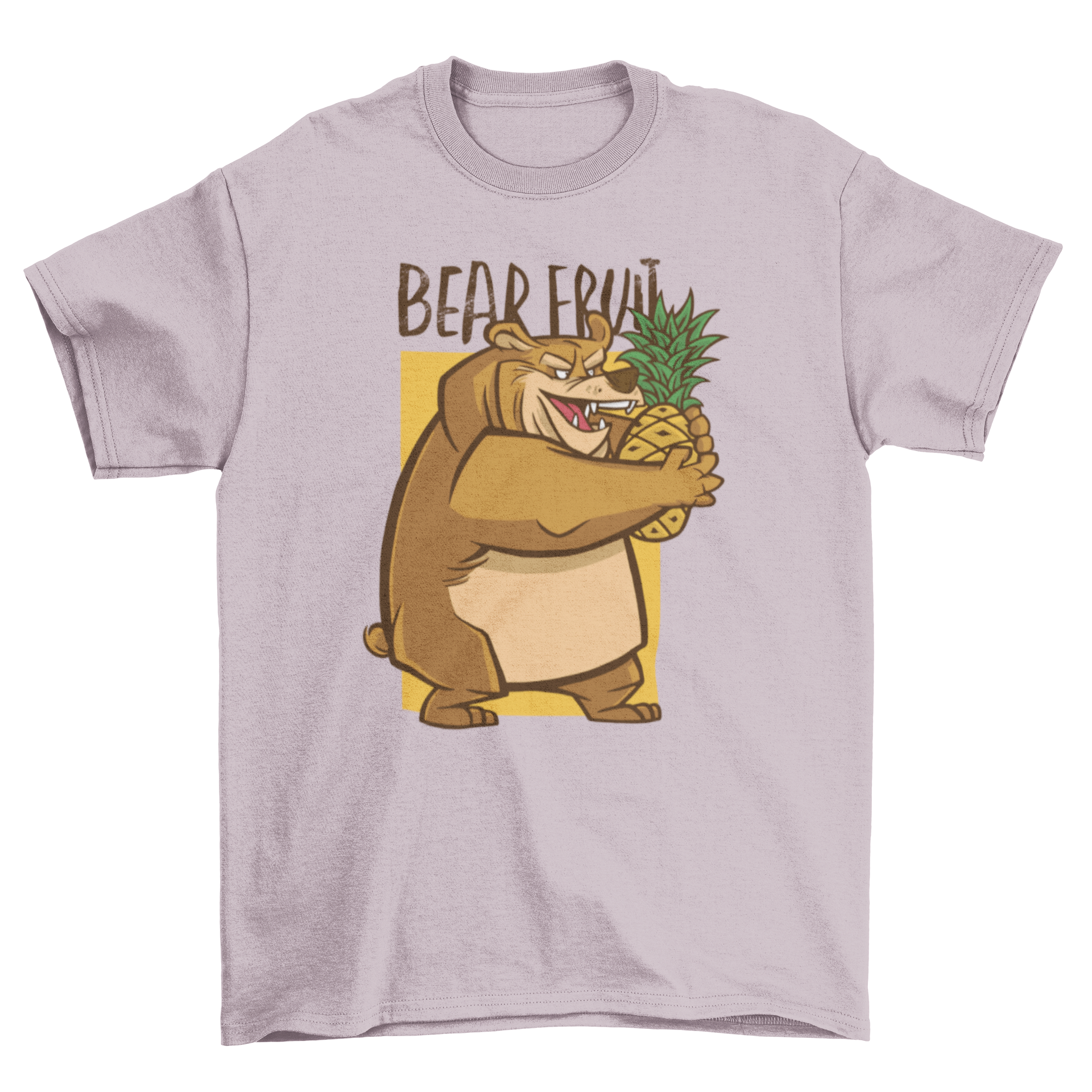 A playful t-shirt design featuring a bear holding a pineapple with the quote 'Bear fruit'.