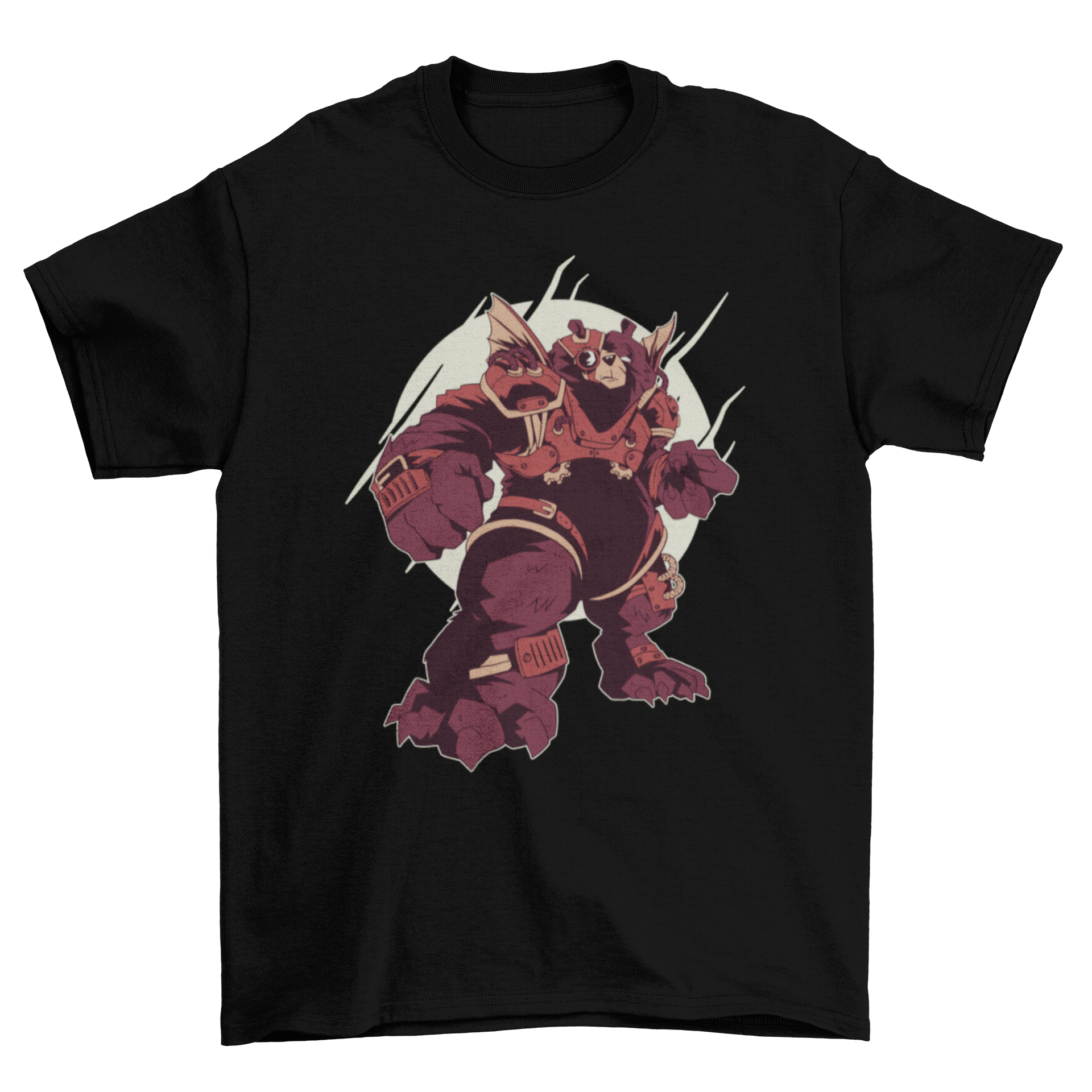 A stylish t-shirt featuring a bear in intricate steampunk armor, showcasing gears and vintage elements.