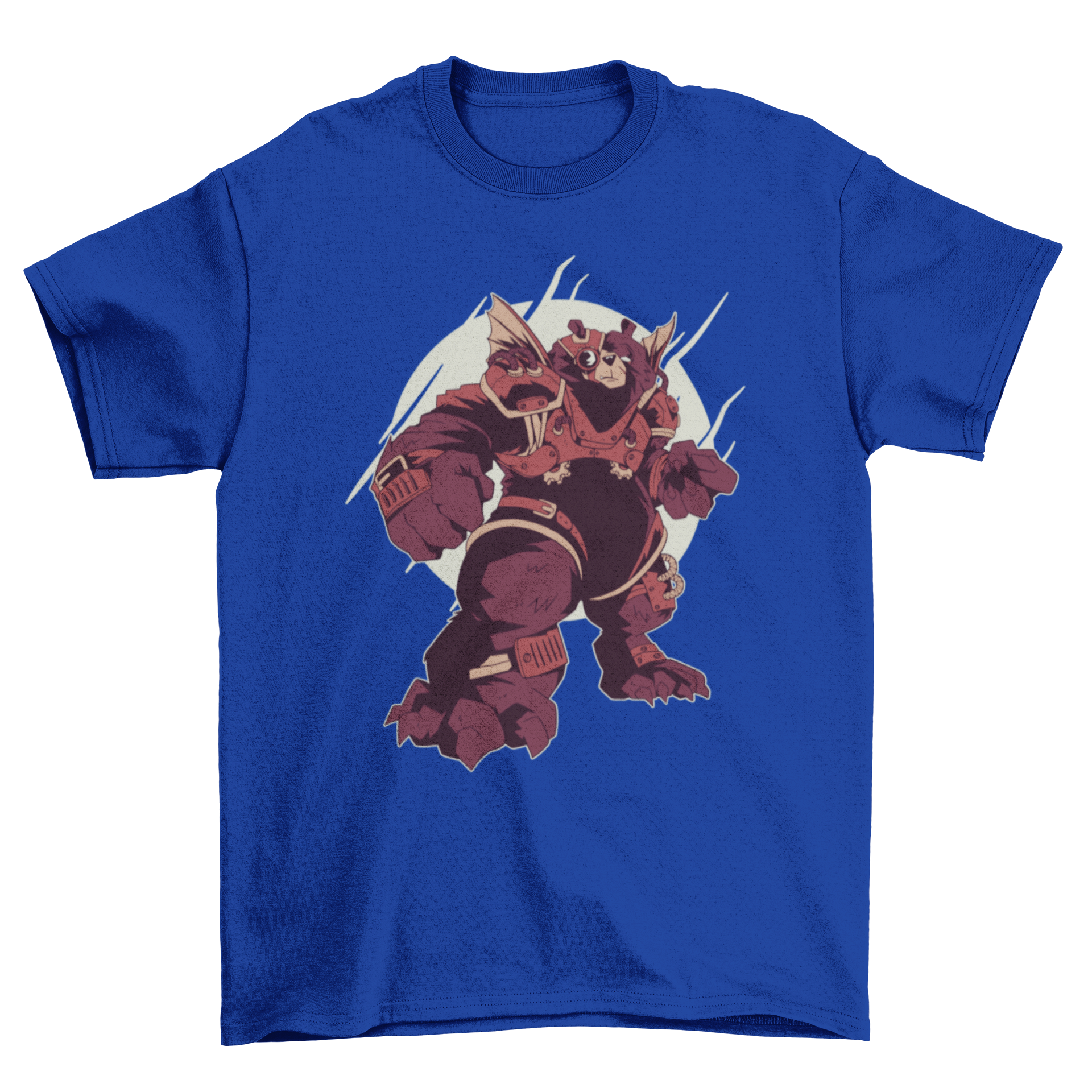 A stylish t-shirt featuring a bear in intricate steampunk armor, showcasing gears and vintage elements.