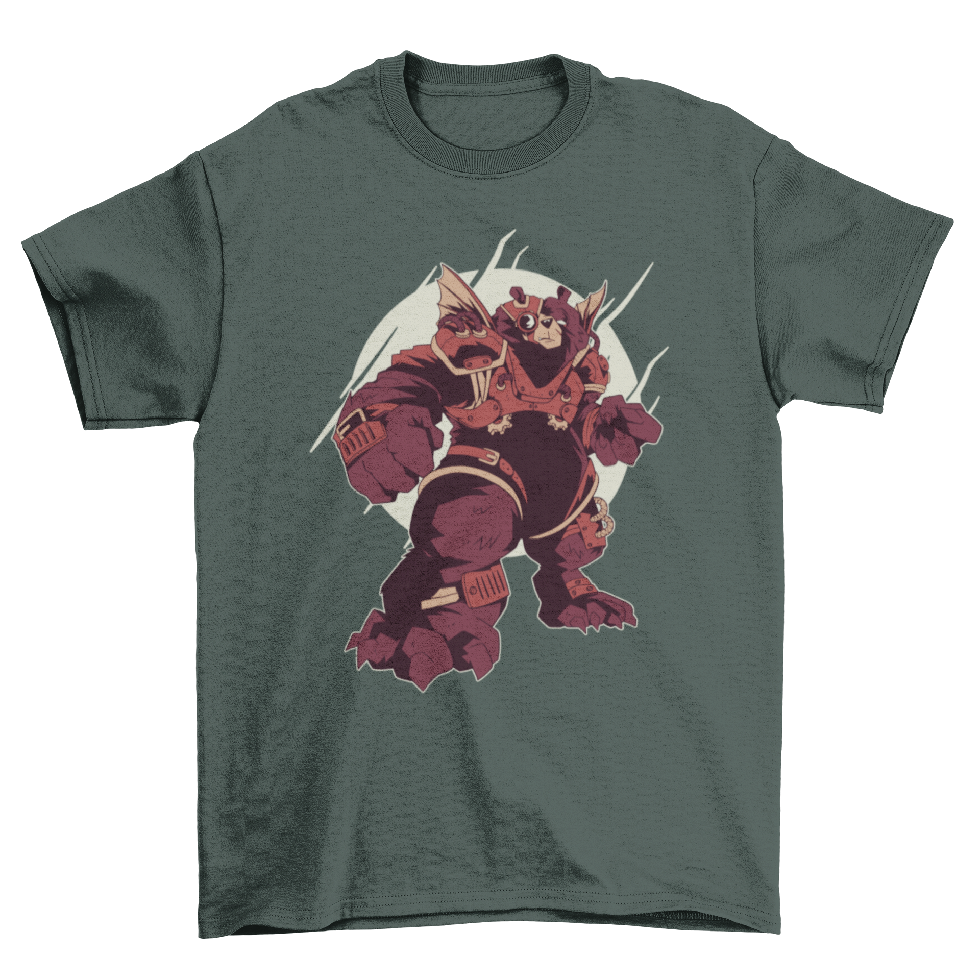 A stylish t-shirt featuring a bear in intricate steampunk armor, showcasing gears and vintage elements.