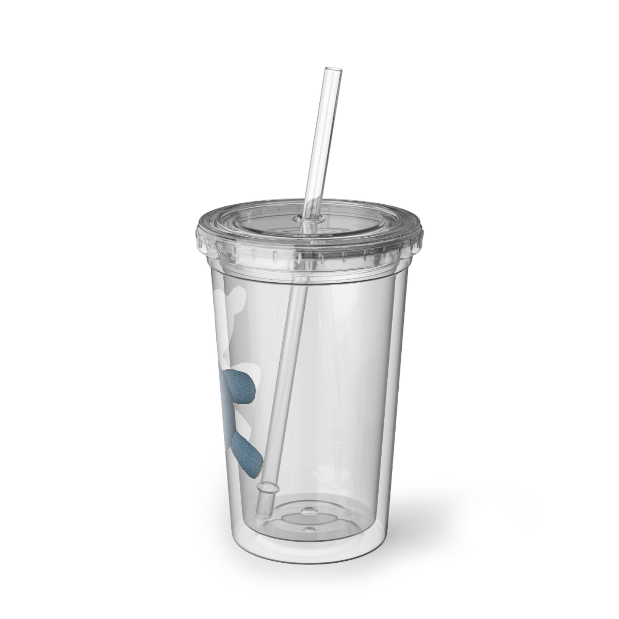 Bear Object Suave Acrylic Cup in stainless steel with a black screw-on cap and plastic straw, showcasing a sleek design.