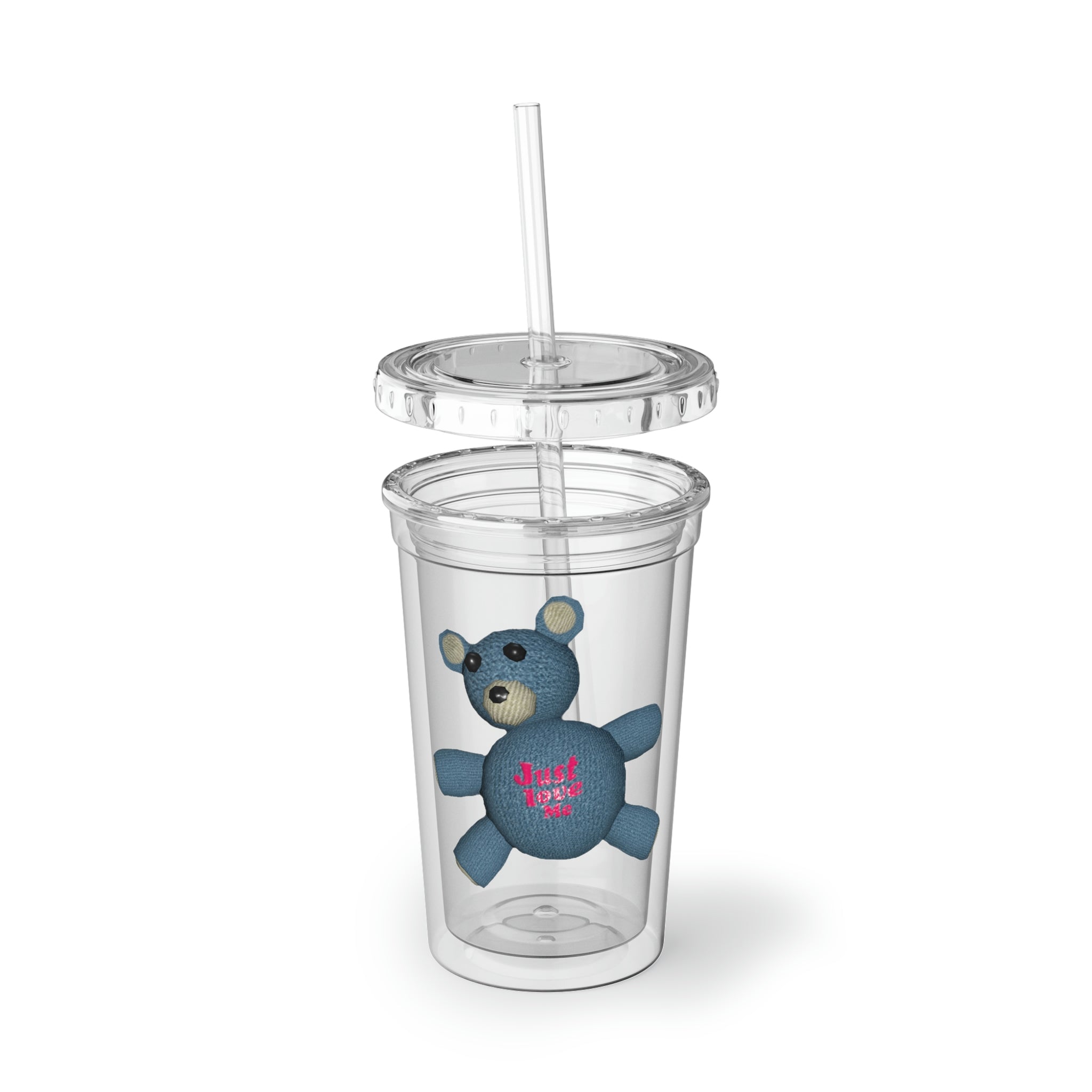 Bear Object Suave Acrylic Cup in stainless steel with a black screw-on cap and plastic straw, showcasing a sleek design.